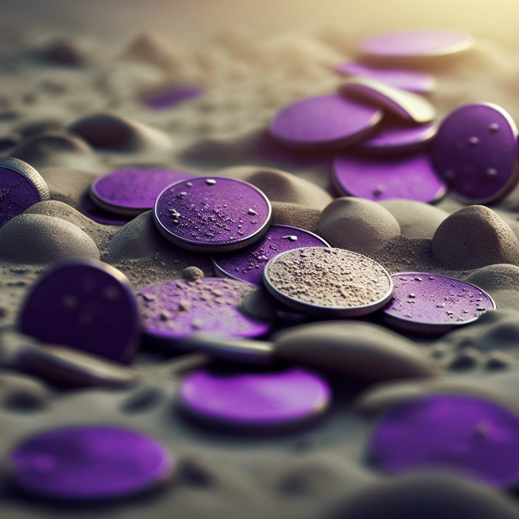 https://images.hive.blog/DQmTYWBxJvsUhzSSpga2hsuh5kywMYN2f9GdK1o7wzB25mz/ackza_flat_metallic_blank_purple_coins_in_the_sand_._Beautiful_dd3ff84d-6e76-4168-940e-fc91f35ea165.png