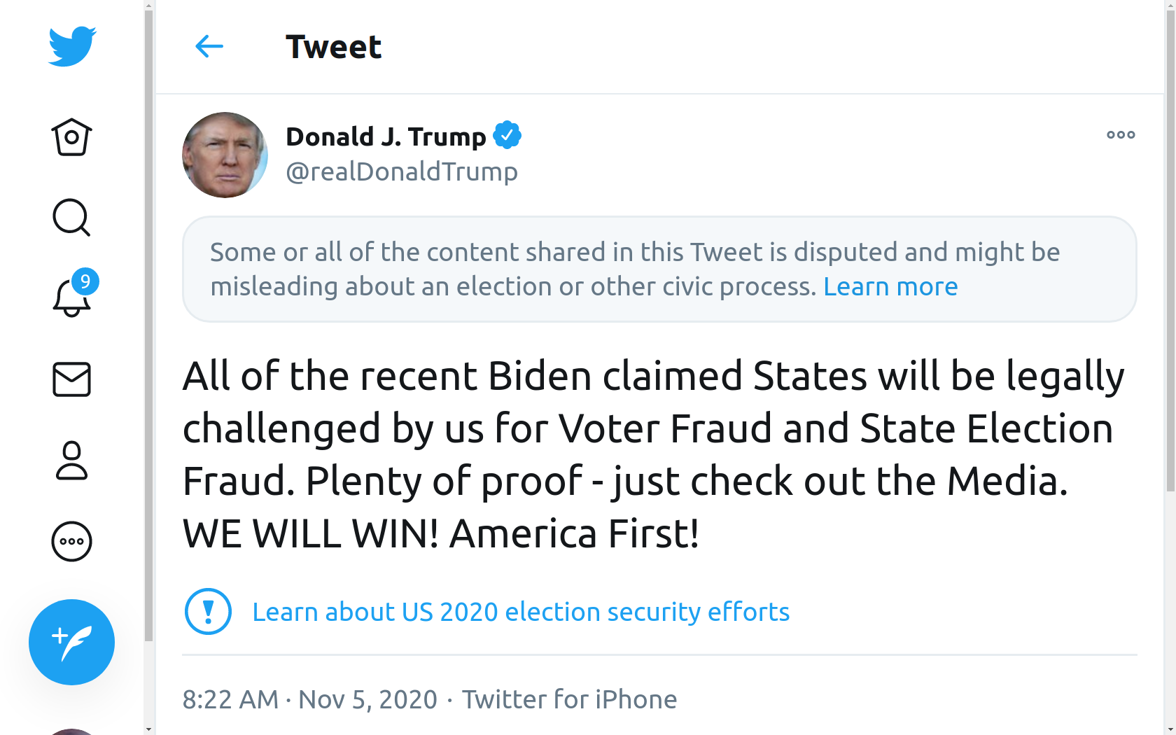 Screenshot at 2020-11-05 11:00:54 Twitter censored Trump challenging fraud.png