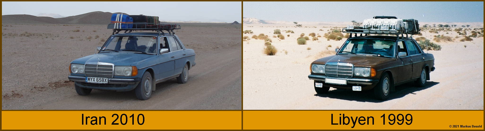 Blauer Benz und Brauner Benz in der Wüste