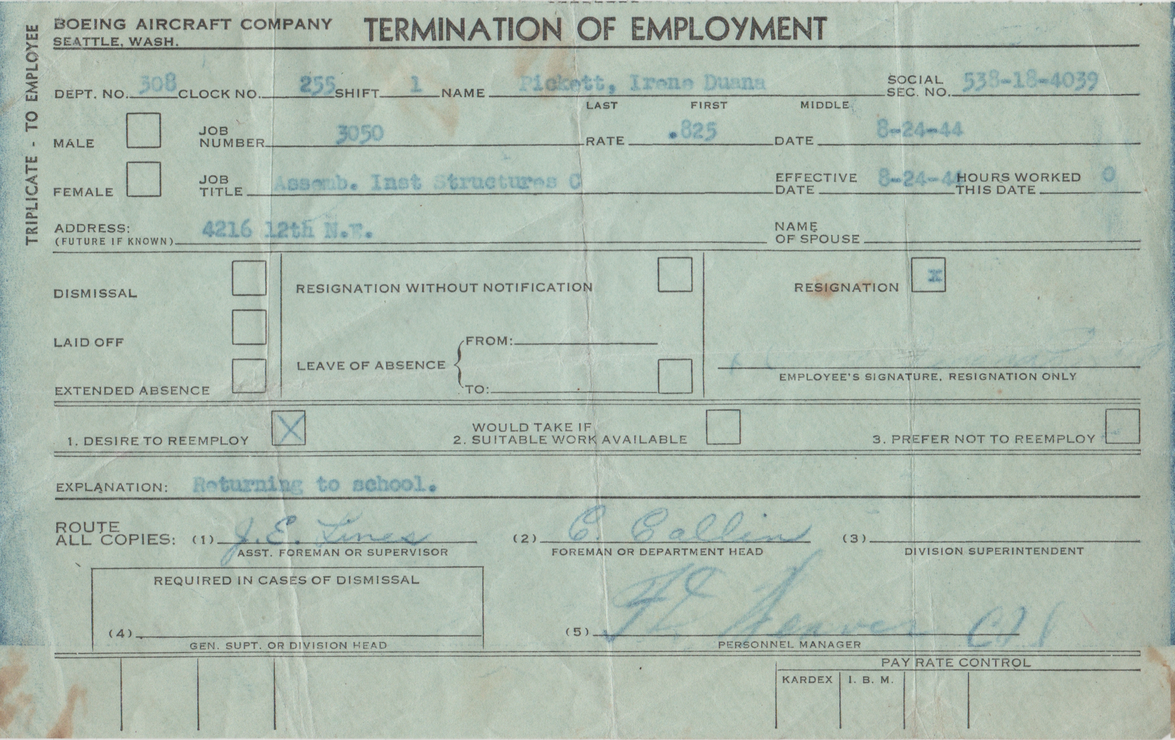 1944-08-24 - Boeing - Dwana - Employment Resignation to Return to school, desired future reemployment.jpg