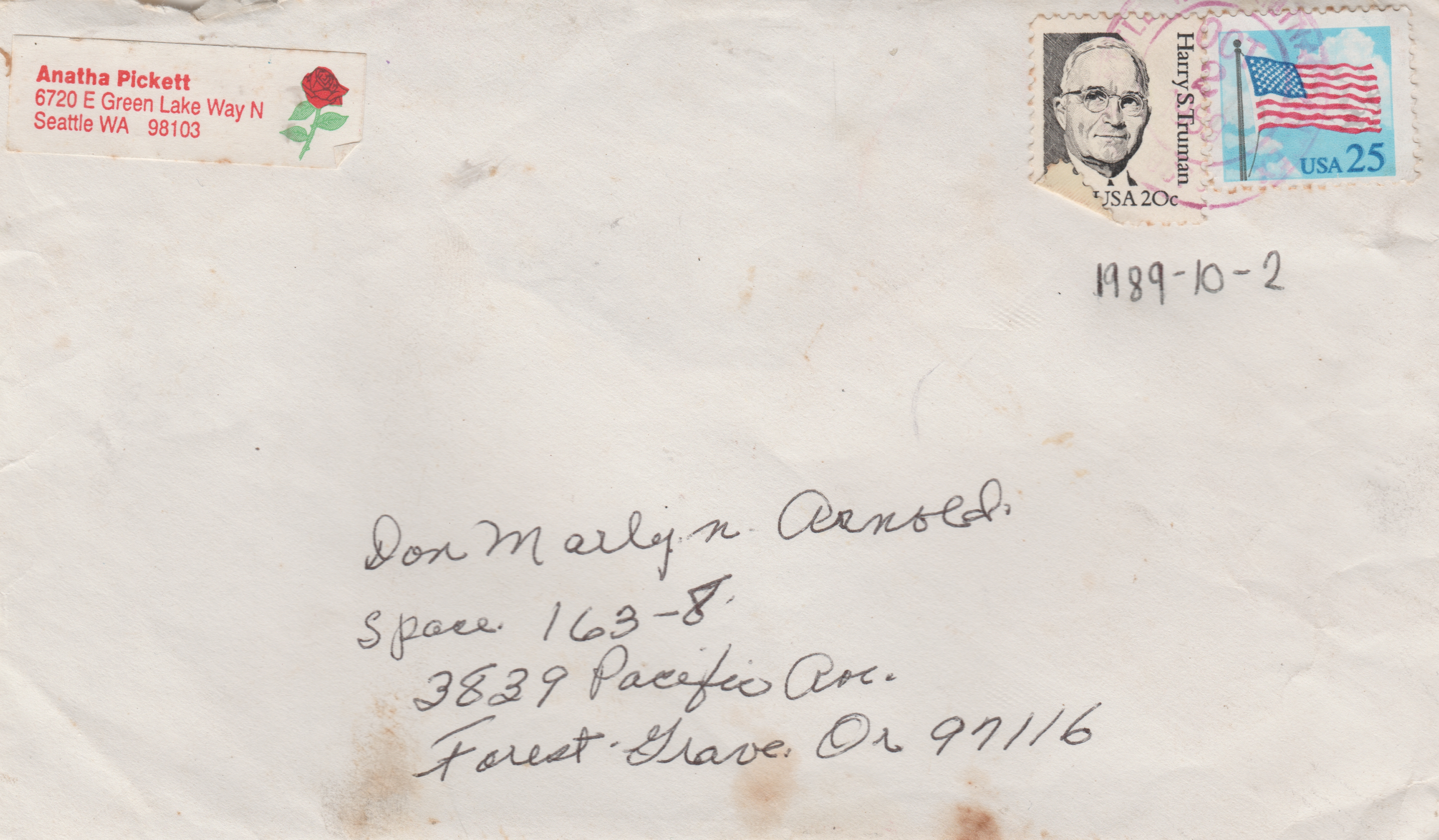 1989-10-02 - ENVELOPE - Anatha Pickett Letter to Marilyn, Don at 163 to share her flowers, garden.jpg