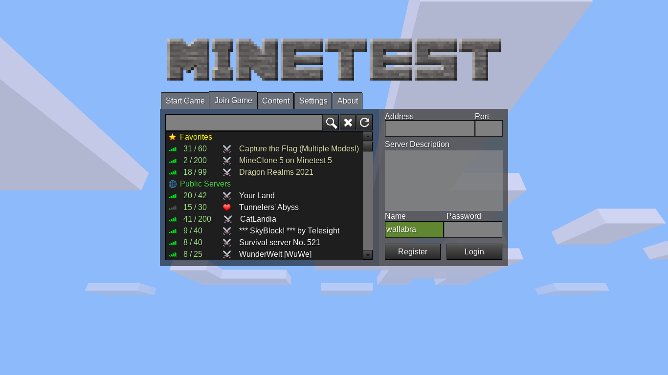 Join Game screen in Minetest