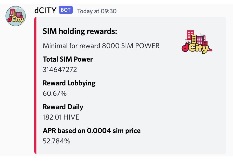 Current holding rewards from the dCity Discord bot.