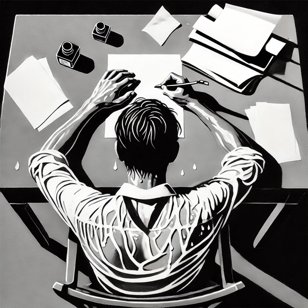 DALL·E 2025-02-12 12.39.47 - A black and white minimalistic painting of an author sitting at a desk, viewed from above and behind. The desk is cluttered with scattered papers, a p.webp