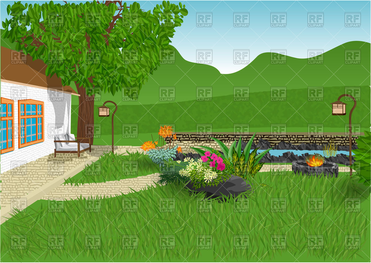 Modern-home-and-garden-with-flowers-small-pond-vector-image-clipart.jpg