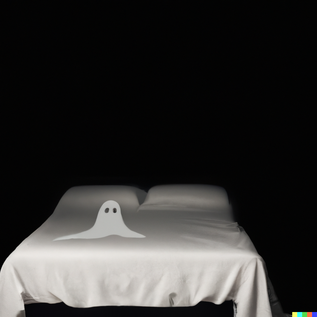 DALL·E 2022-10-06 23.16.17 - A plain black background with a photo of a single bed. Under the bed are claw marks and a ghost..png