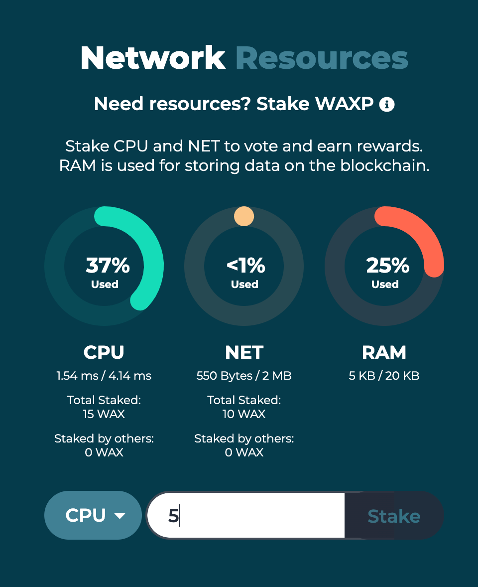 Stake WAX in your wallet for CPU.