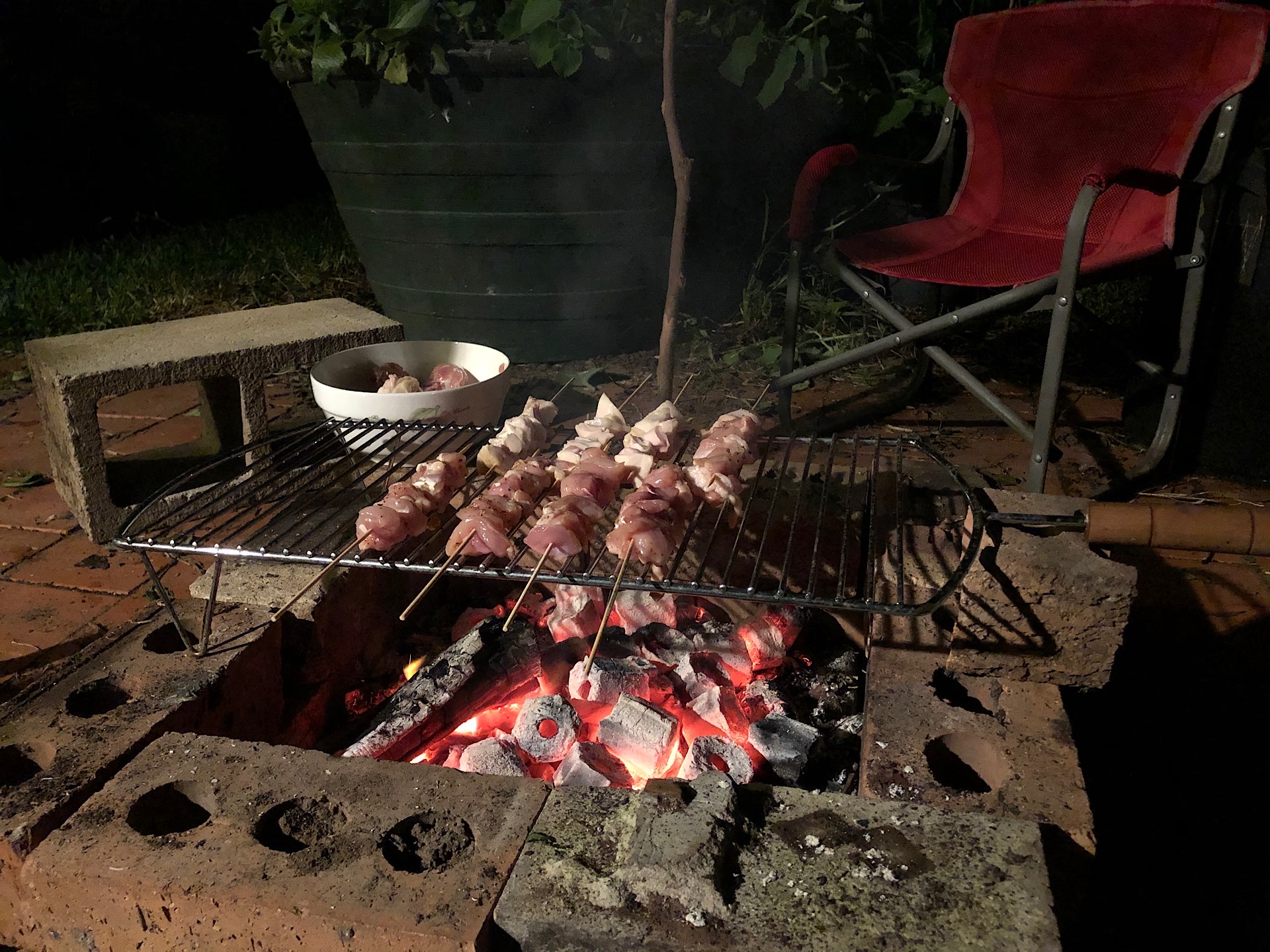 Chicken skewers on the fire