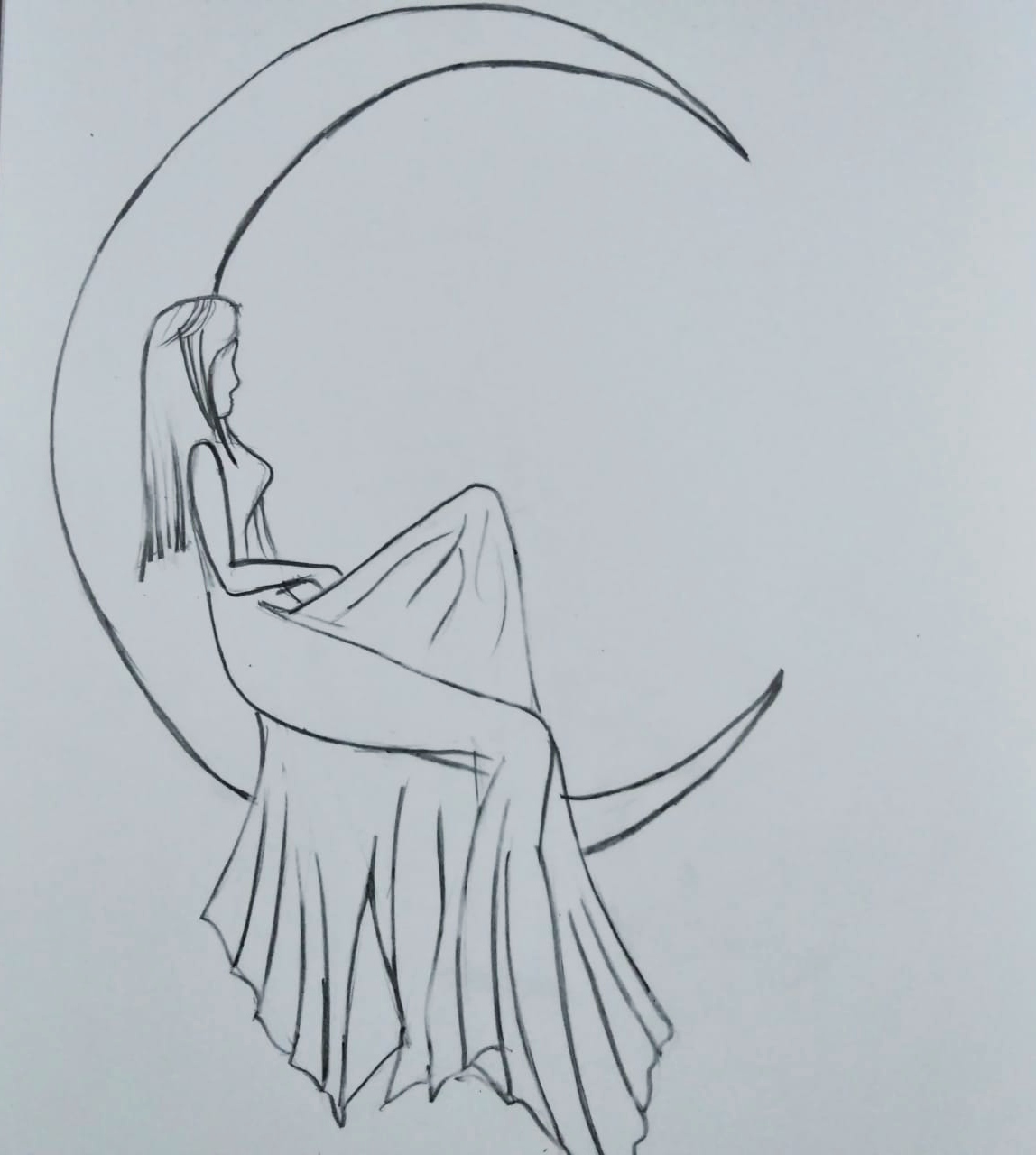 Line woman body. Outline girl sitting, Moon and... - Stock Illustration  [104749431] - PIXTA