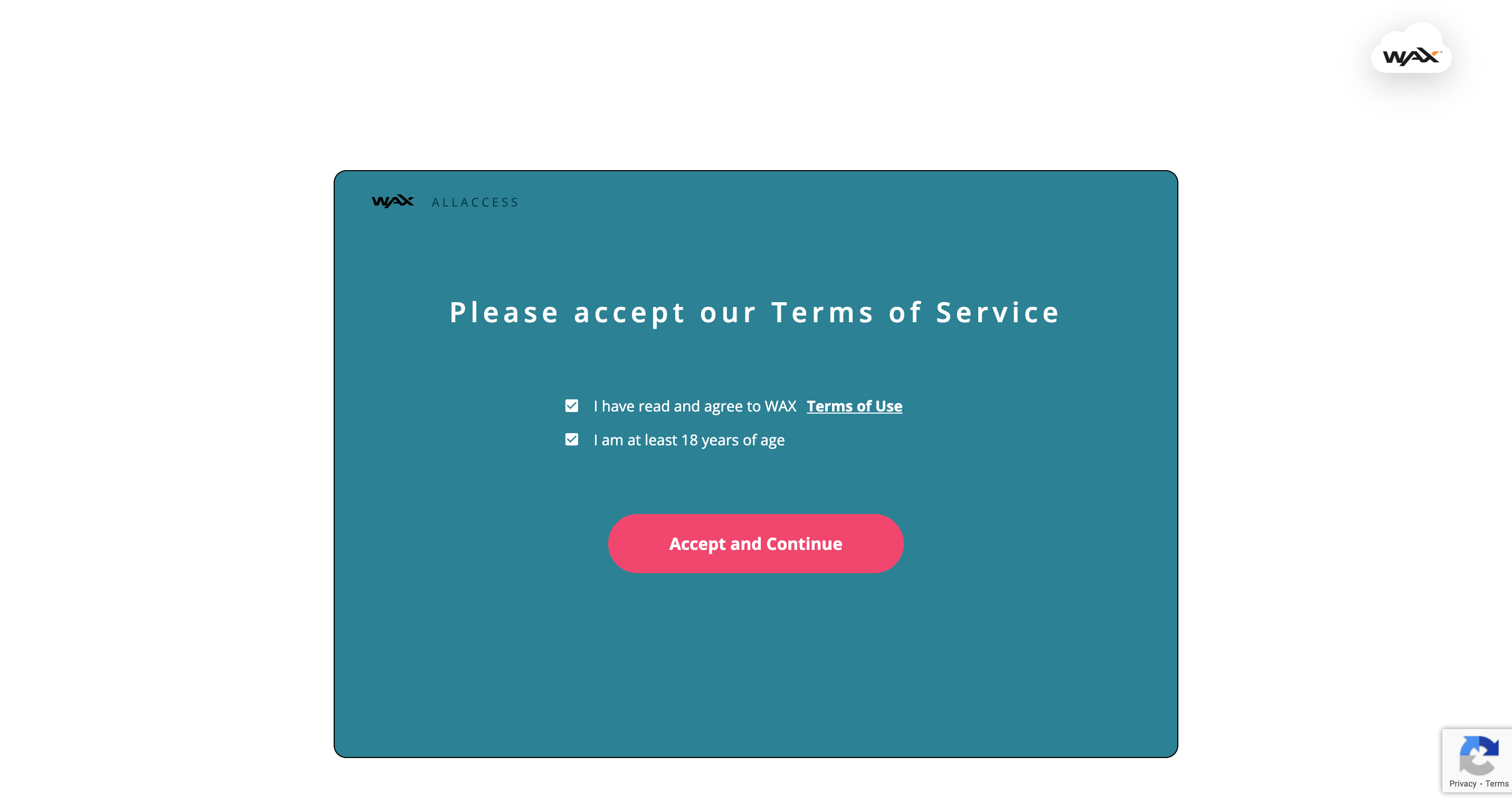 WAX Cloud Wallet screenshot showing accepting the terms of service.