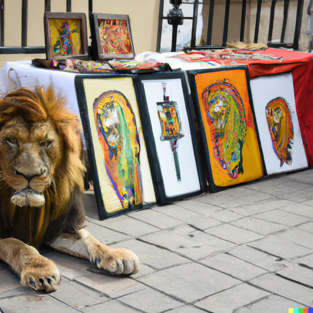 DALL·E 20230208 22.10.17  a photo of a lion selling art on the street.png