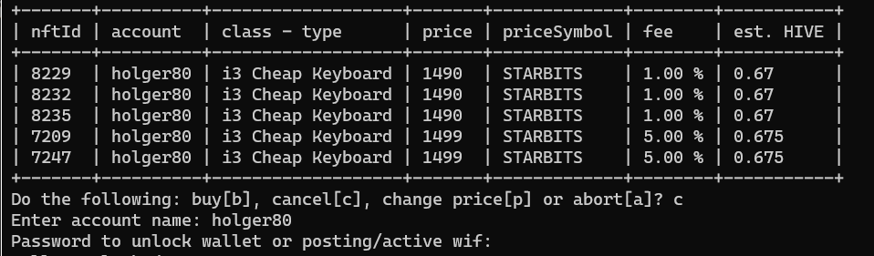 output of nftsellbook with interactive