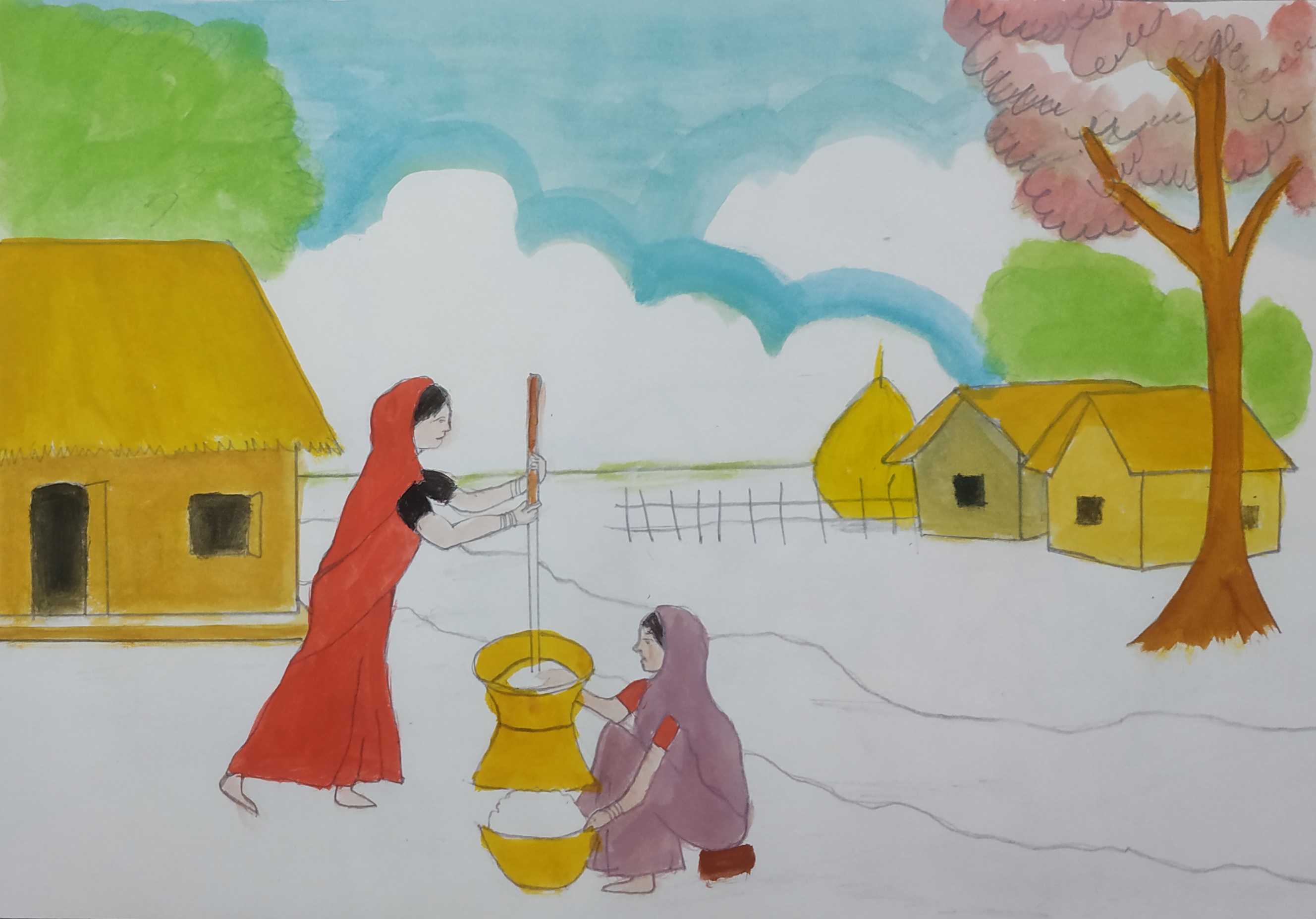 How to Draw a Village Scenery Step by Step | Scenery Drawing With Pencil  color | গ্রামের দৃশ্য অঙ্কন | Drawings, Colorful drawings, Human figure  sketches