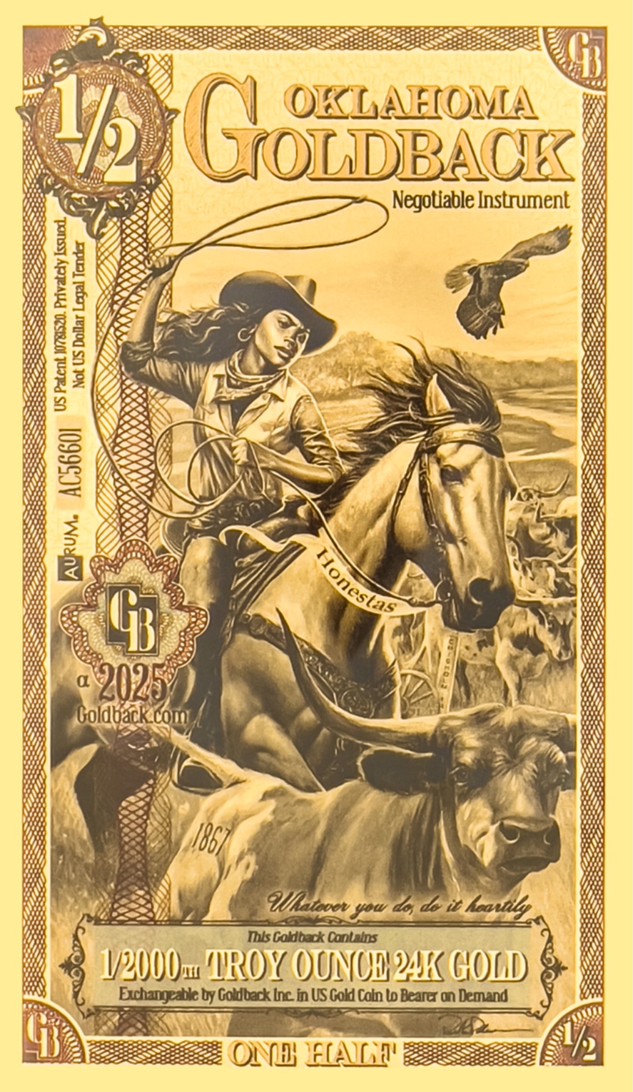 1/2 Oklahoma Goldback (ALPHA)  $3.49 USD - 1/2000 oz (0.0005 oz) .999 fine Gold