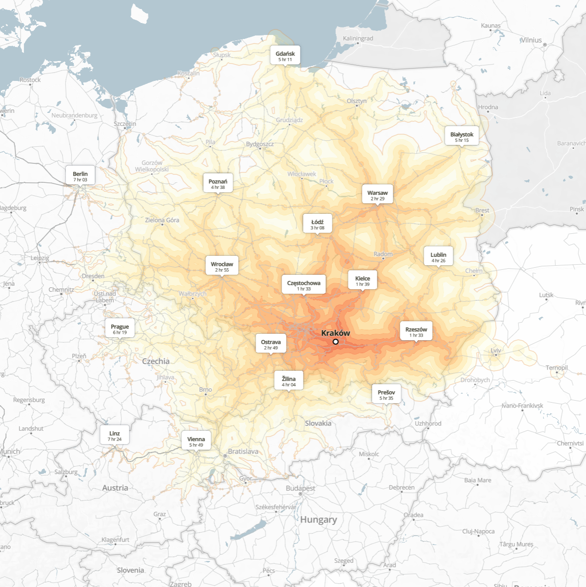 Time needed to get to Kraków by train