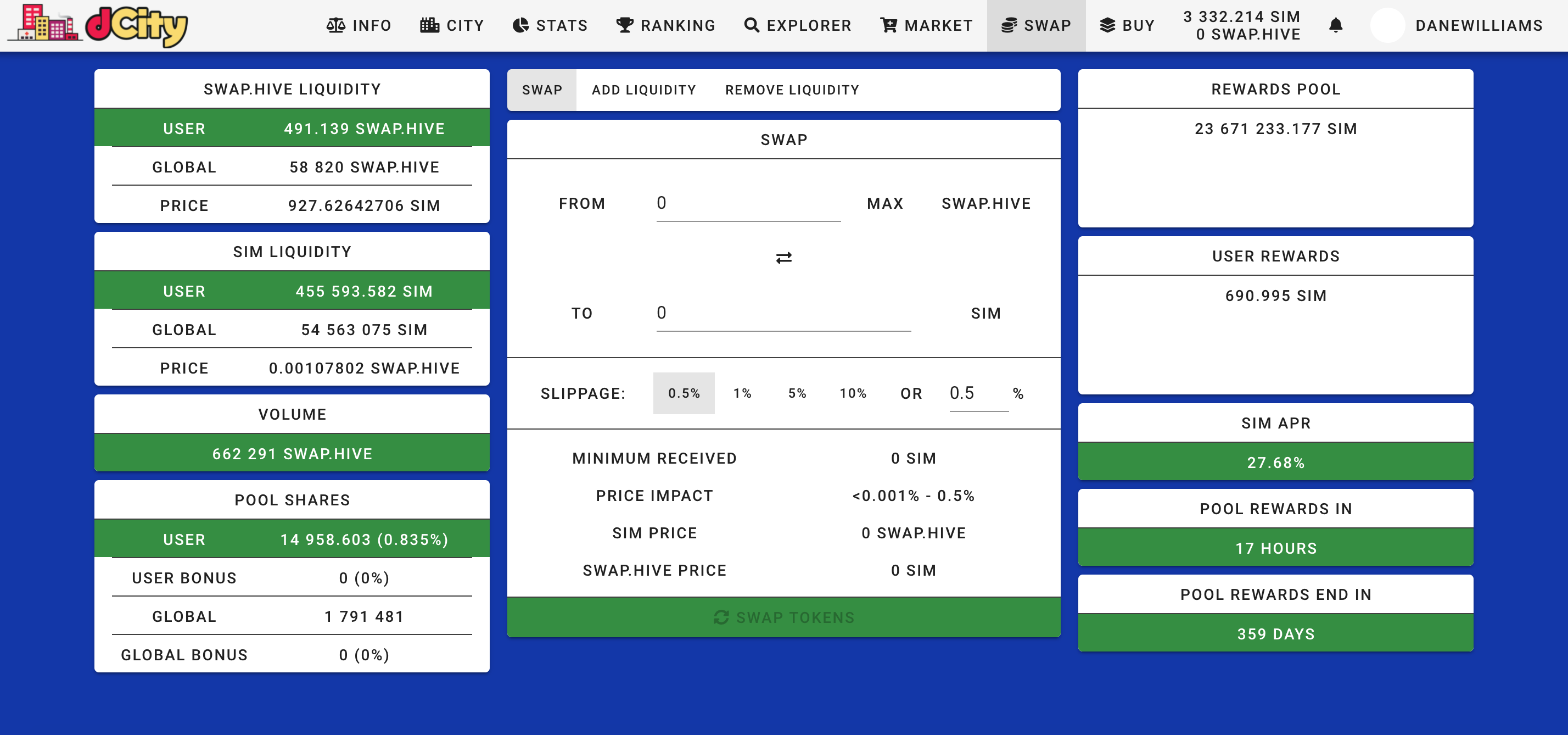The dCity swap tab.