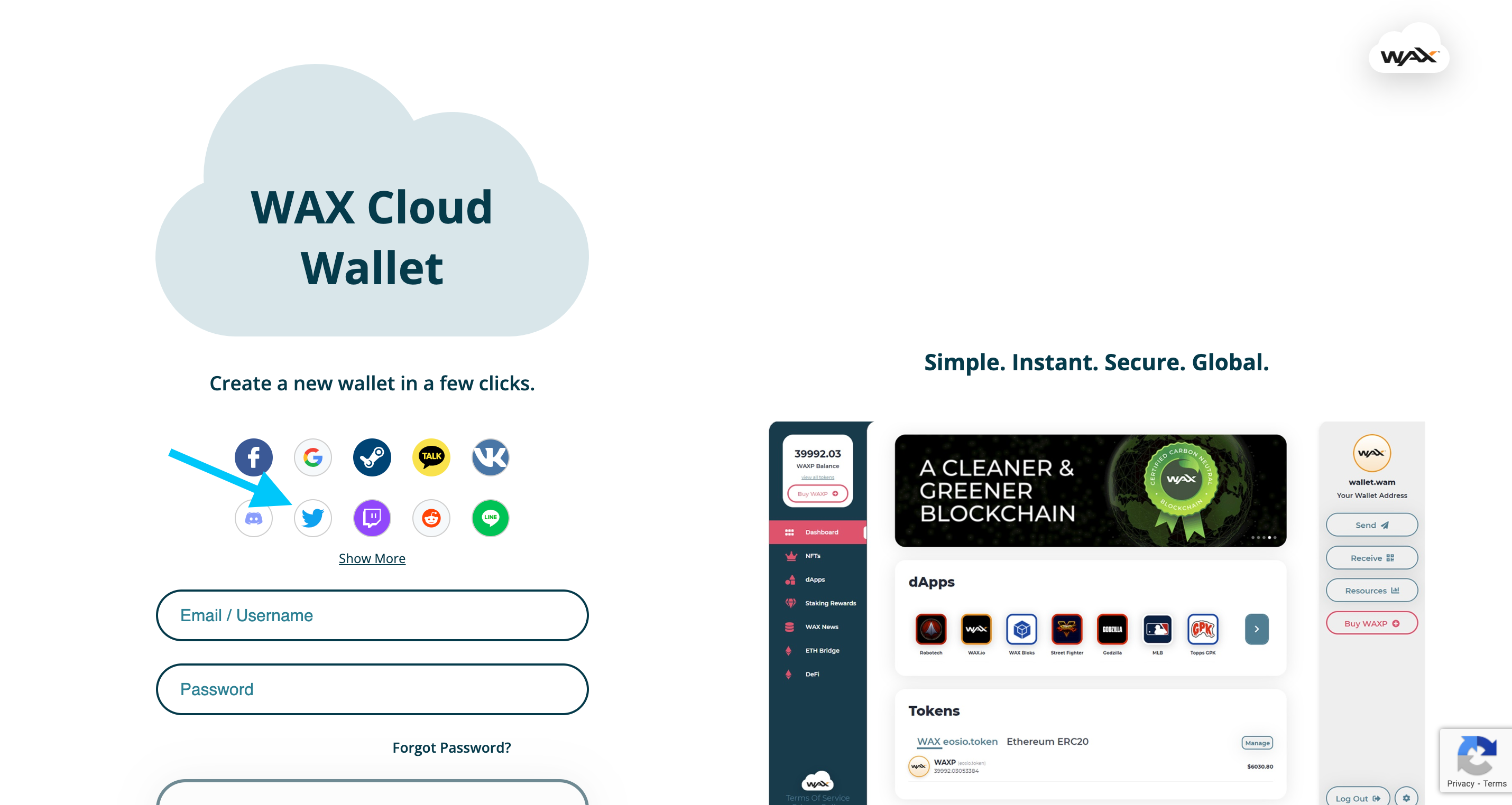 WAX Cloud Wallet screenshot showing choosing Twitter.