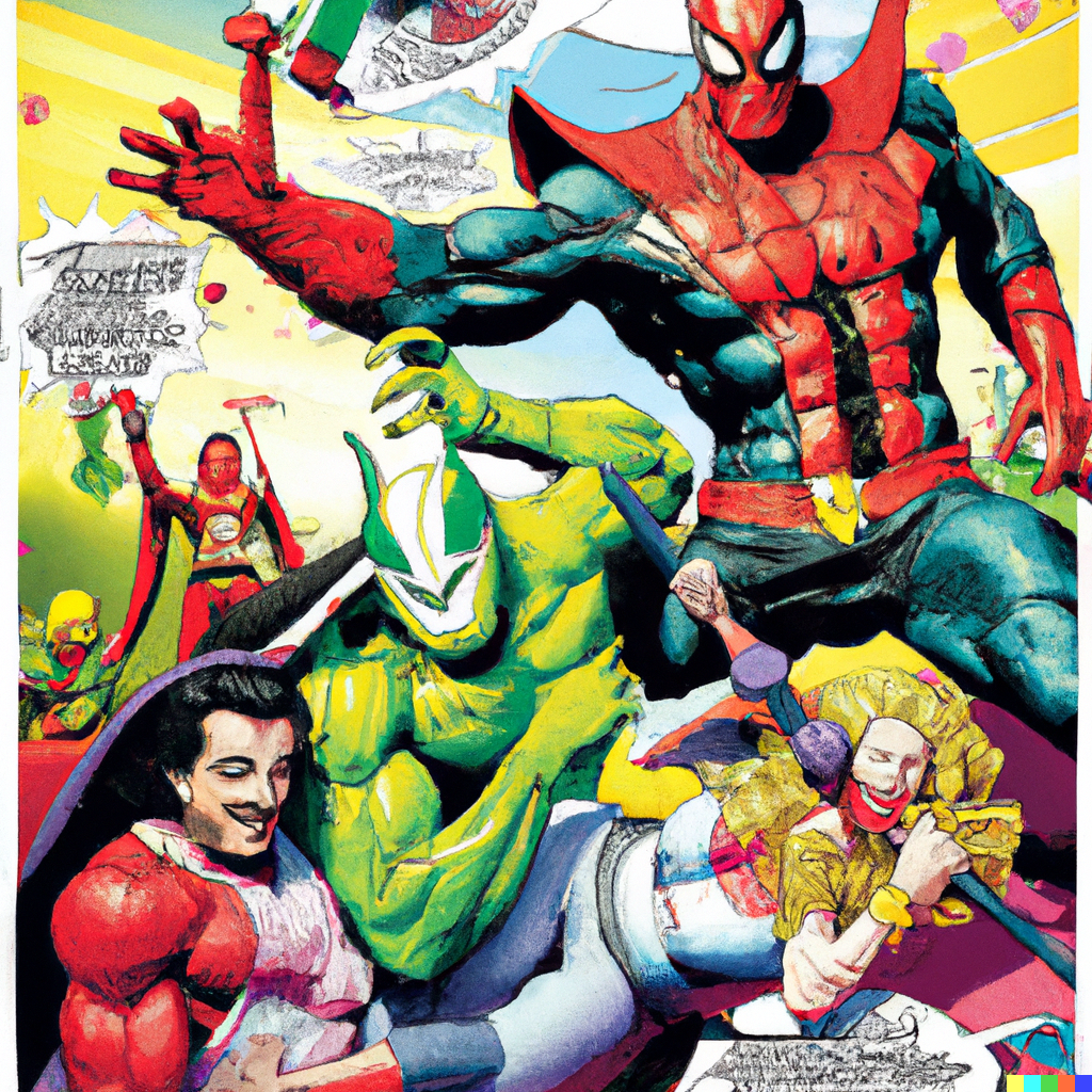 DALL·E 2023-02-23 21.58.21 - superhero magazine cover showing good aligator Loki and Mephisto defeting evil Thor and evil Spiderman.png