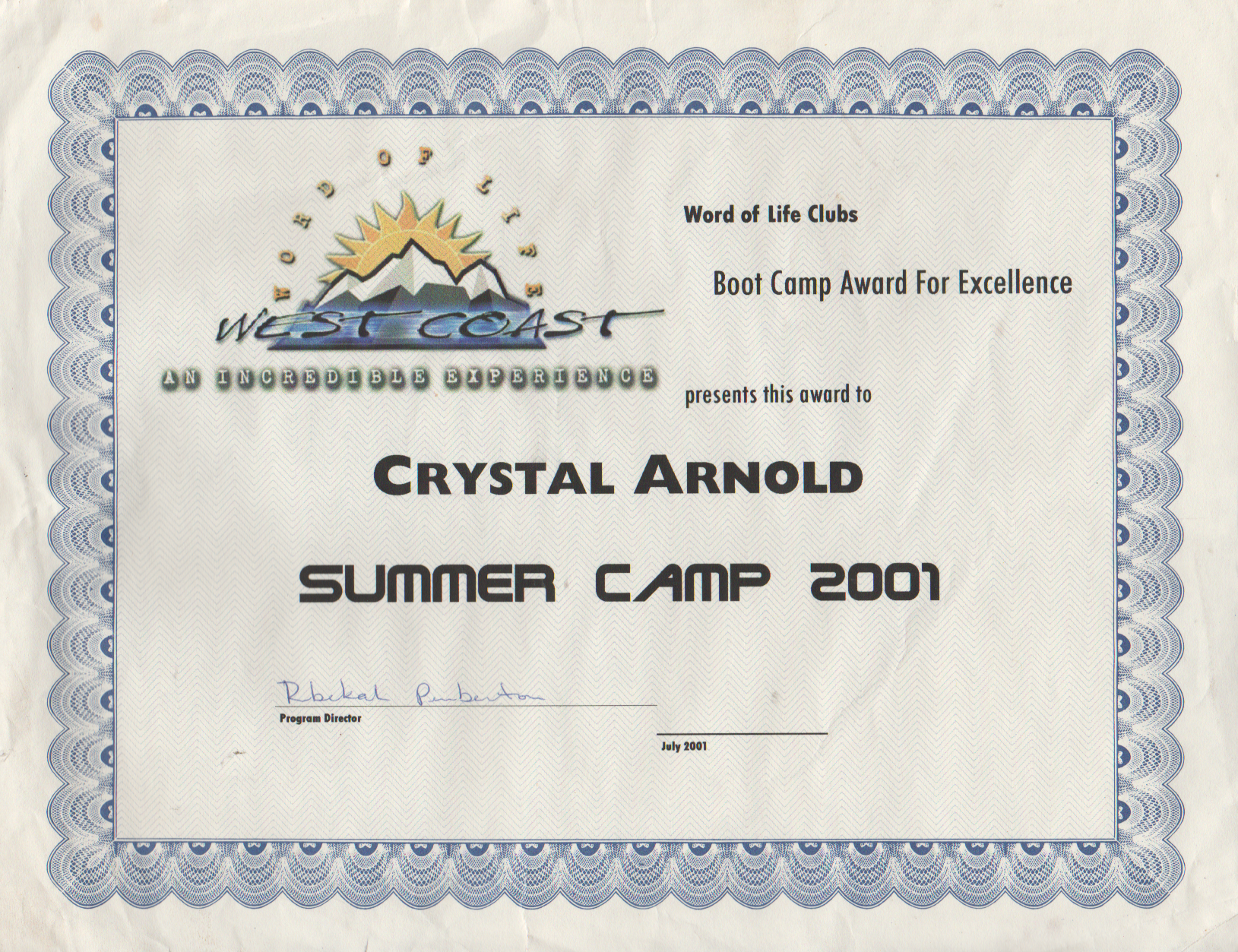 2001-07 - West Coast Camp, Boot Camp Award For Excellence, Crystal Arnold.png