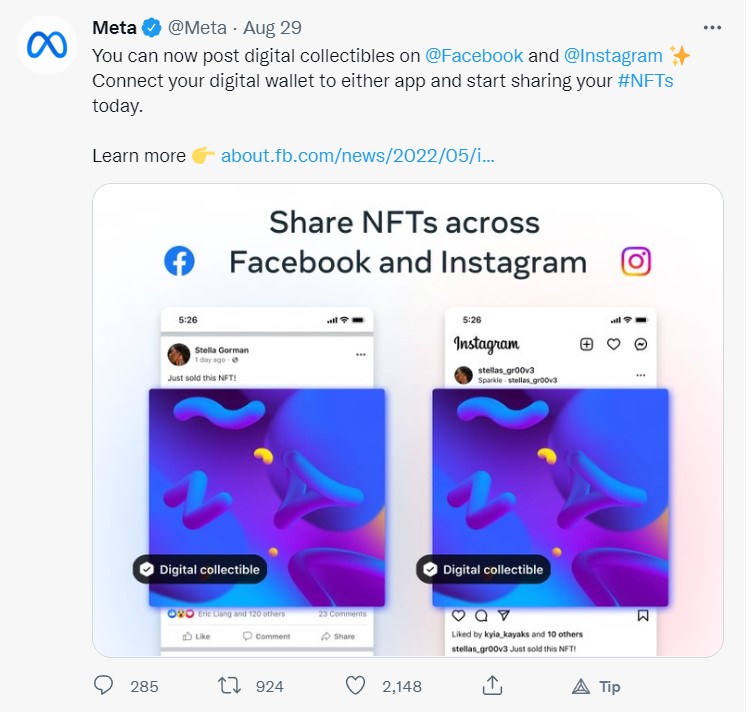 Meta tweet of sharing NFTs on Facebook and Instagram.jpg