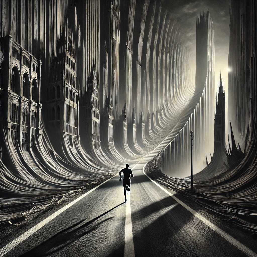 DALL·E 2025-01-06 13.52.57 - A surreal scene depicting a lone runner mid-stride on a narrow road, looking around with unease. The road is flanked on both sides by tall, ominous, h.webp