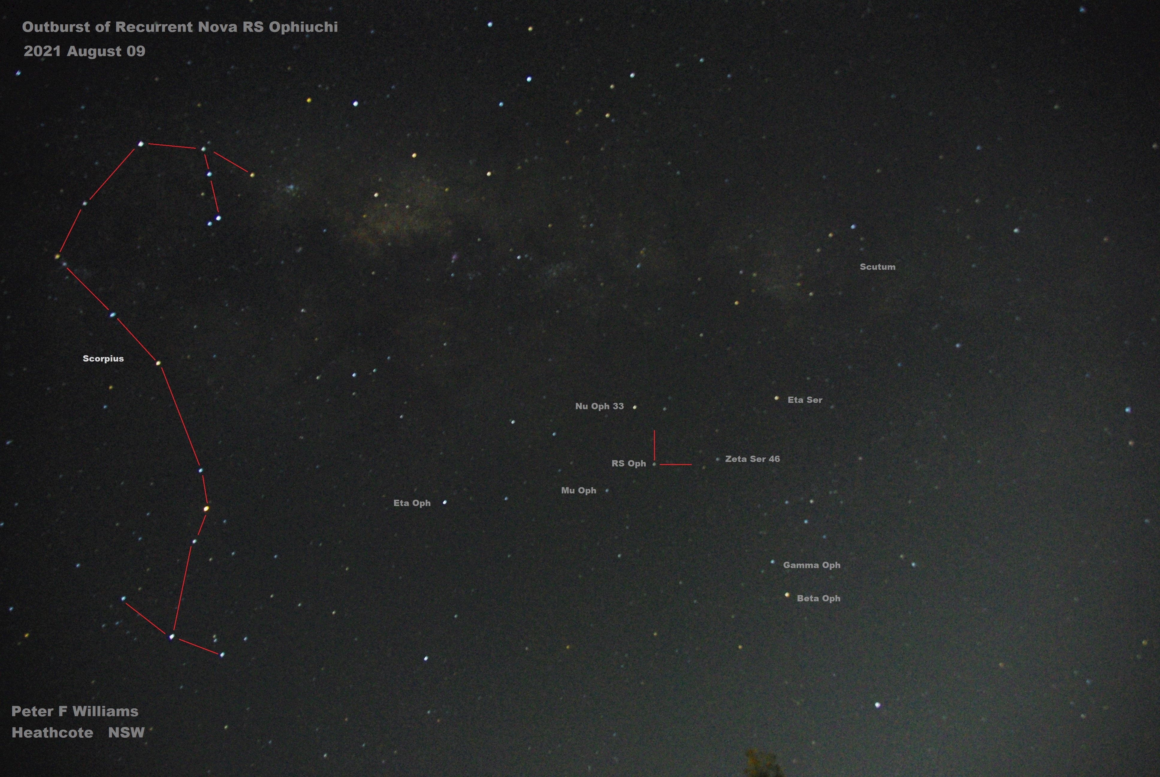 Figure 1.  Image showing RS Oph at maximum brightness on August 9, 2021. A simple unguided time exposure obtained from Heathcote NSW on which some prominent stars have been labelled.