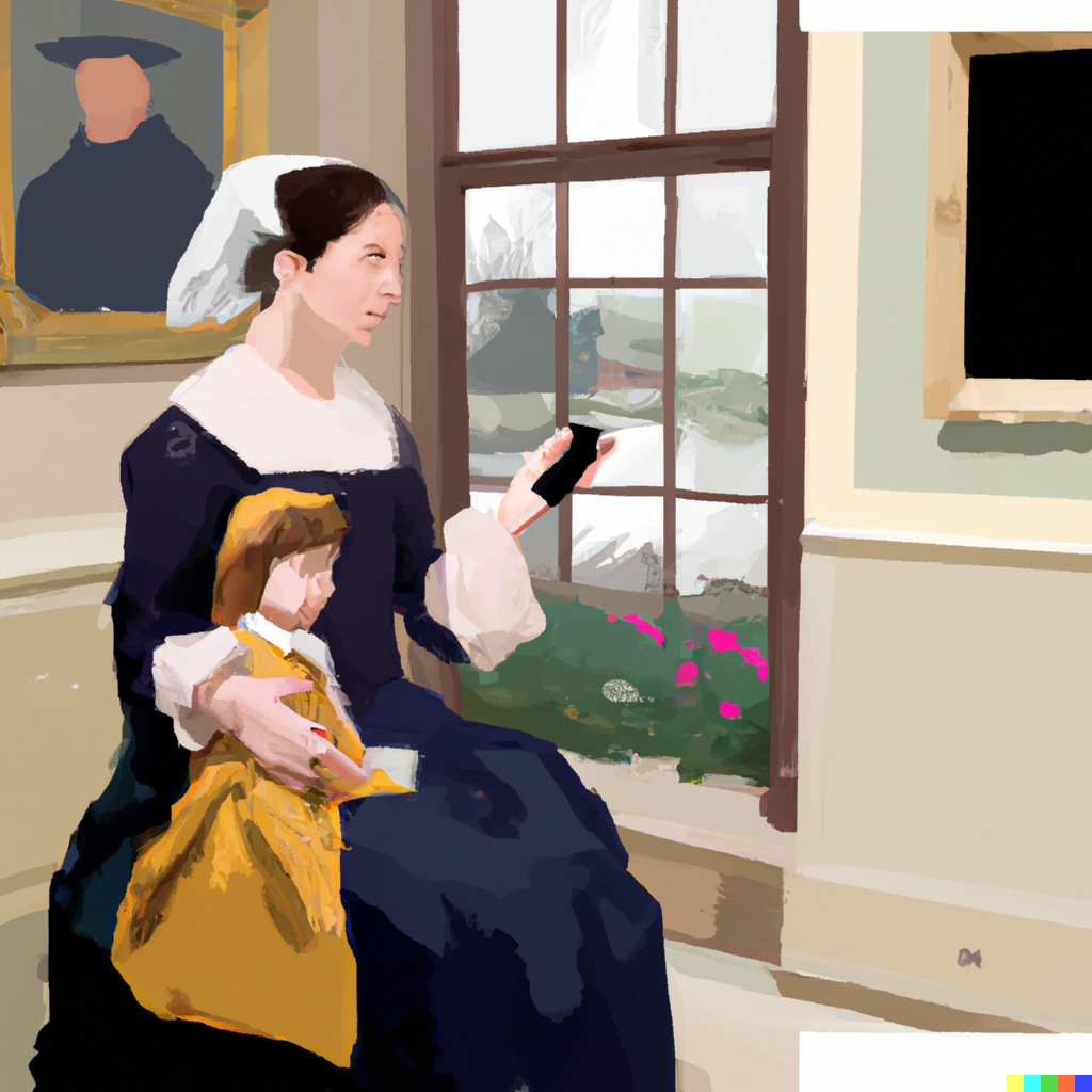 DALL·E 2023-01-10 02.33.10 - create a realistic version of Whistler's Mother masterpiece painting, but with the mother using a smartphone, detailed art design, in style of James M.png