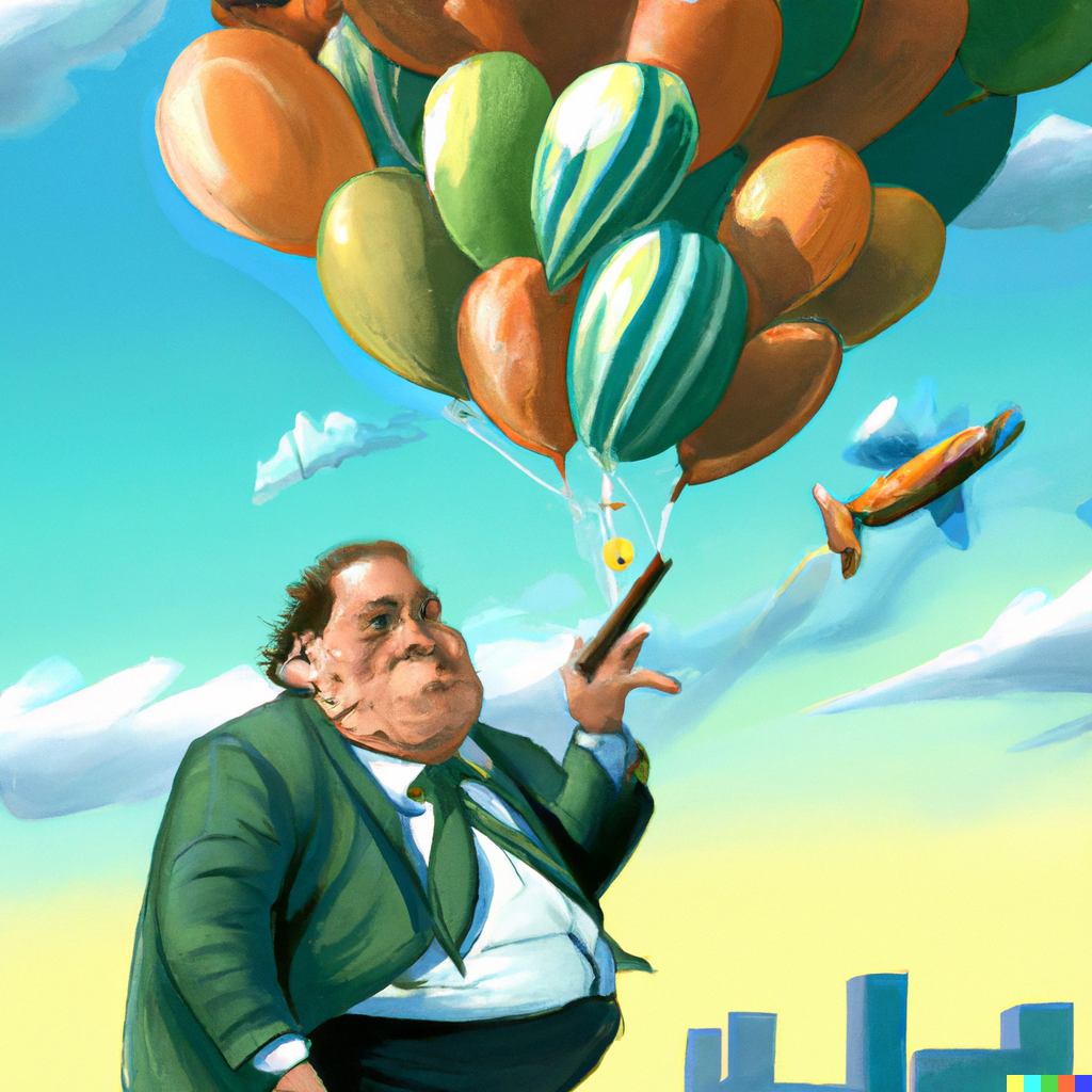 DALL·E 20220804 15.18.30  A fat man in a suit lighting a large cigar with a hundred dollar bill as he watches many balloons float into the air, digital art.png