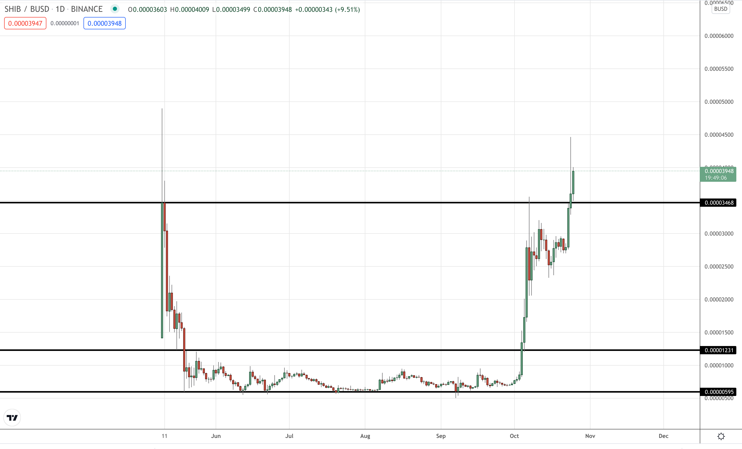 Shiba Inu coin price chart from TradingView showing price going vertically up.
