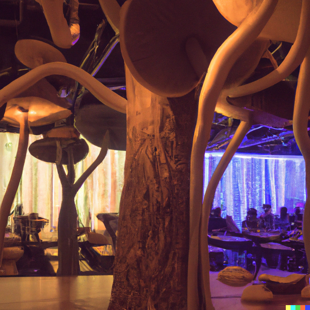 DALL·E 2022-11-21 11.13.17 - modern mushroom themed restaurant with realistic mushrooms all around and all patrons eating mushrooms.png