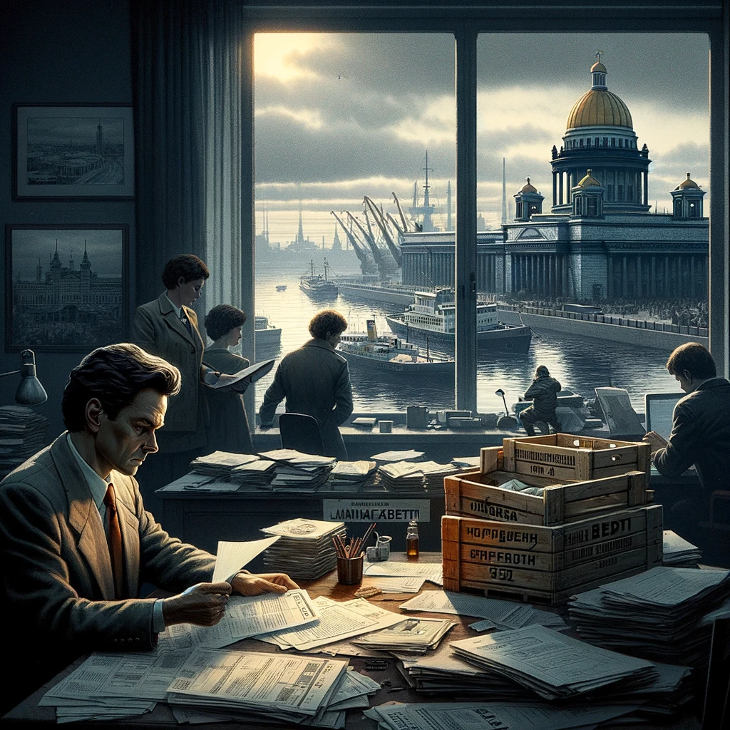 DALL·E 2024-04-23 08.21.11 - A visual narrative of a 1990s investigation in Saint Petersburg, Russia. First image_ A dimly lit office with files and a Russian cityscape outside th.png