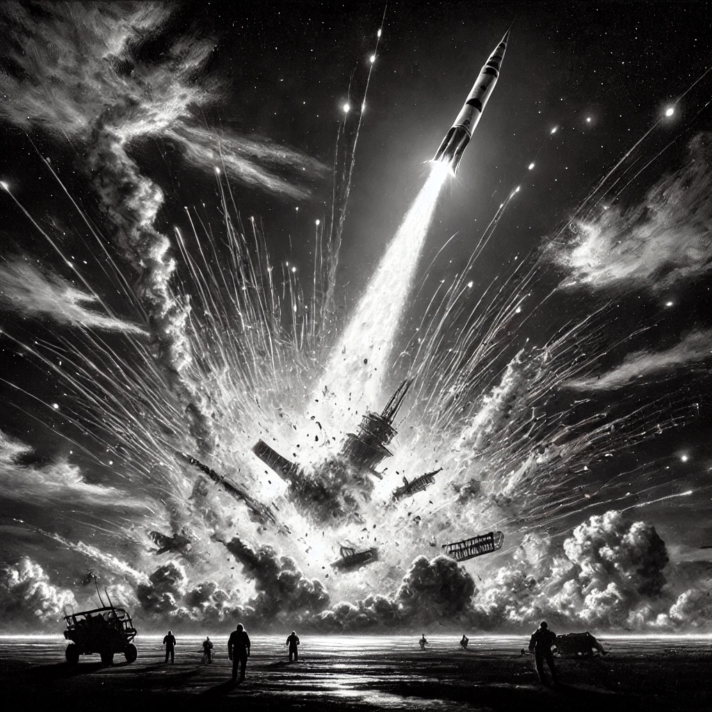 DALL·E 2025-01-25 21.42.21 - A black-and-white painting of a rocket spaceship exploding in the sky, viewed from the ground. The scene captures a dramatic moment as the spacecraft .webp