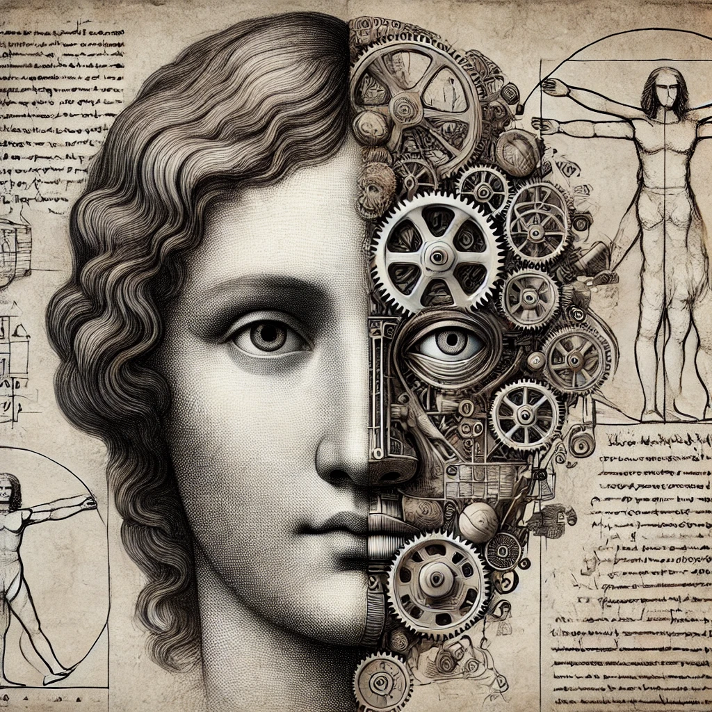 DALL·E 2025-02-01 13.48.34 - A surreal Renaissance-inspired artwork showing a human face merging into mechanical diagrams. One half of the face is realistically drawn in a Renaiss.webp