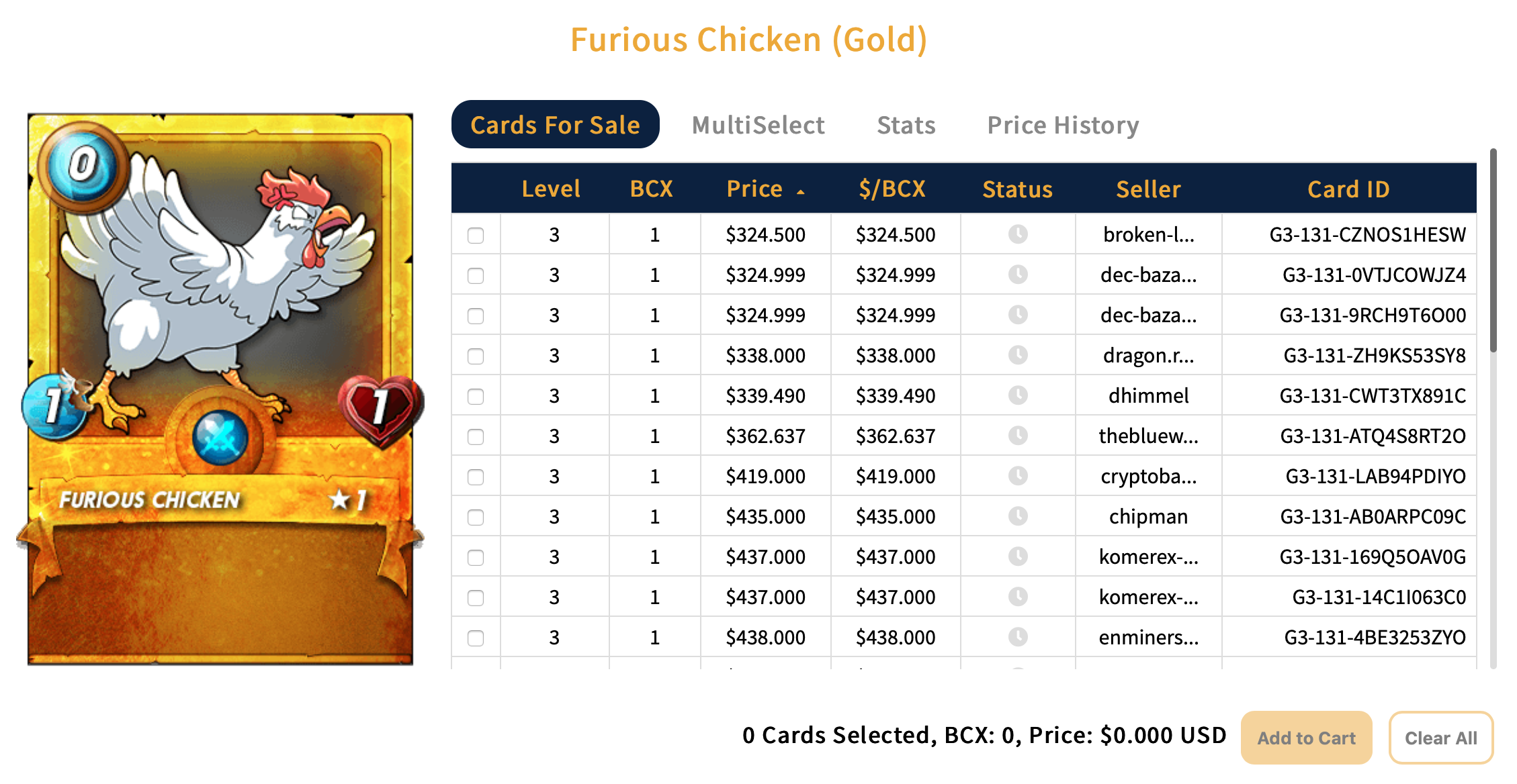 The SplintX Cards for Sale tab showing that yesterday's $299 Golden Chicken is no longer on the market.