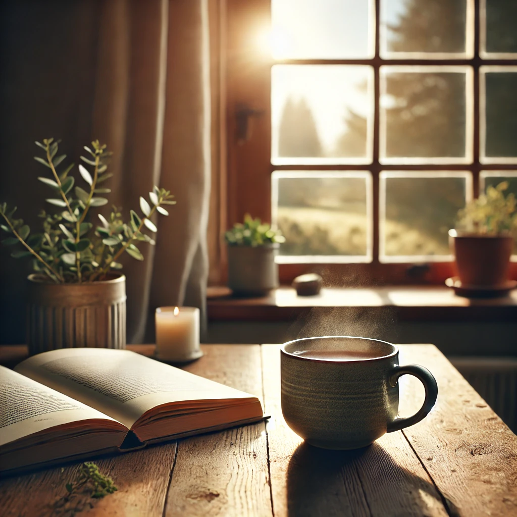 DALL·E 2025-01-17 23.19.58 - A cozy, peaceful scene featuring a warm drink in a ceramic mug placed on a wooden table by a window. Soft natural light streams through the window, ca.webp