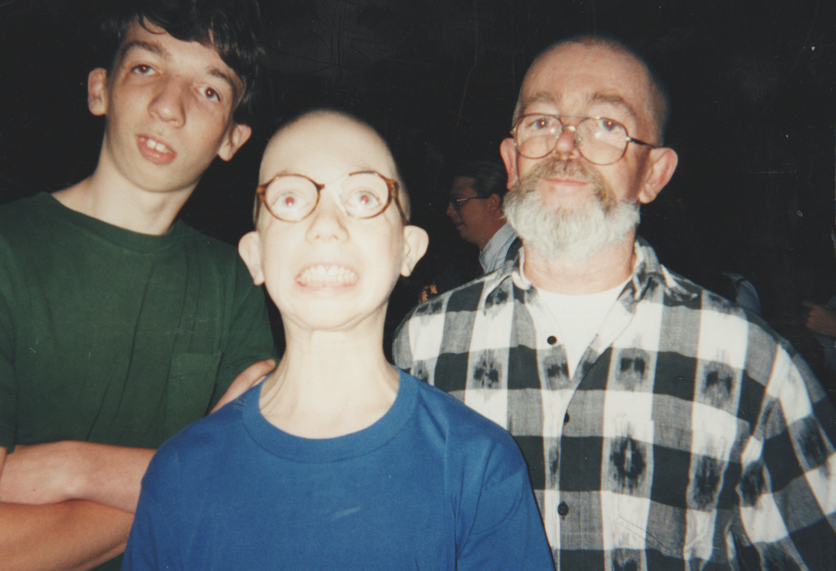 1999-06 - Alan's HS Grad - Rick in green, bald Joey in blue, Don in black and white, at night.png