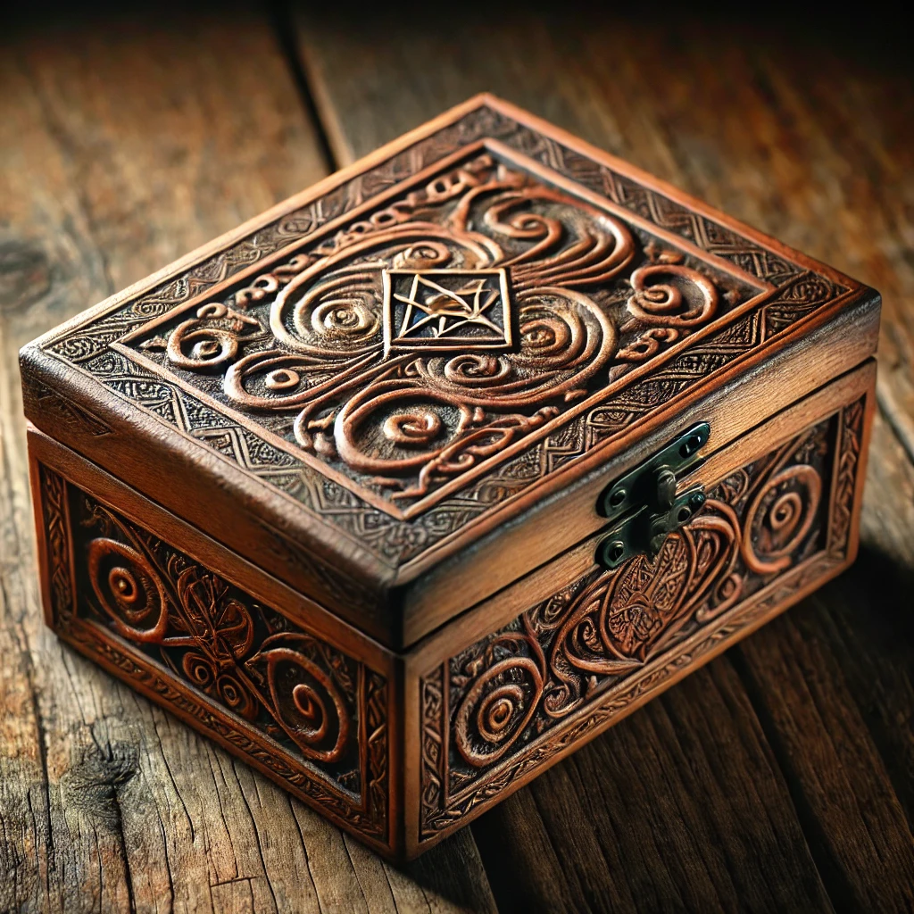 DALL·E 2025-01-31 12.00.38 - An antique wooden box with intricate carvings of swirling patterns and mysterious symbols on its lid. The box is slightly open, revealing a faint gold.webp