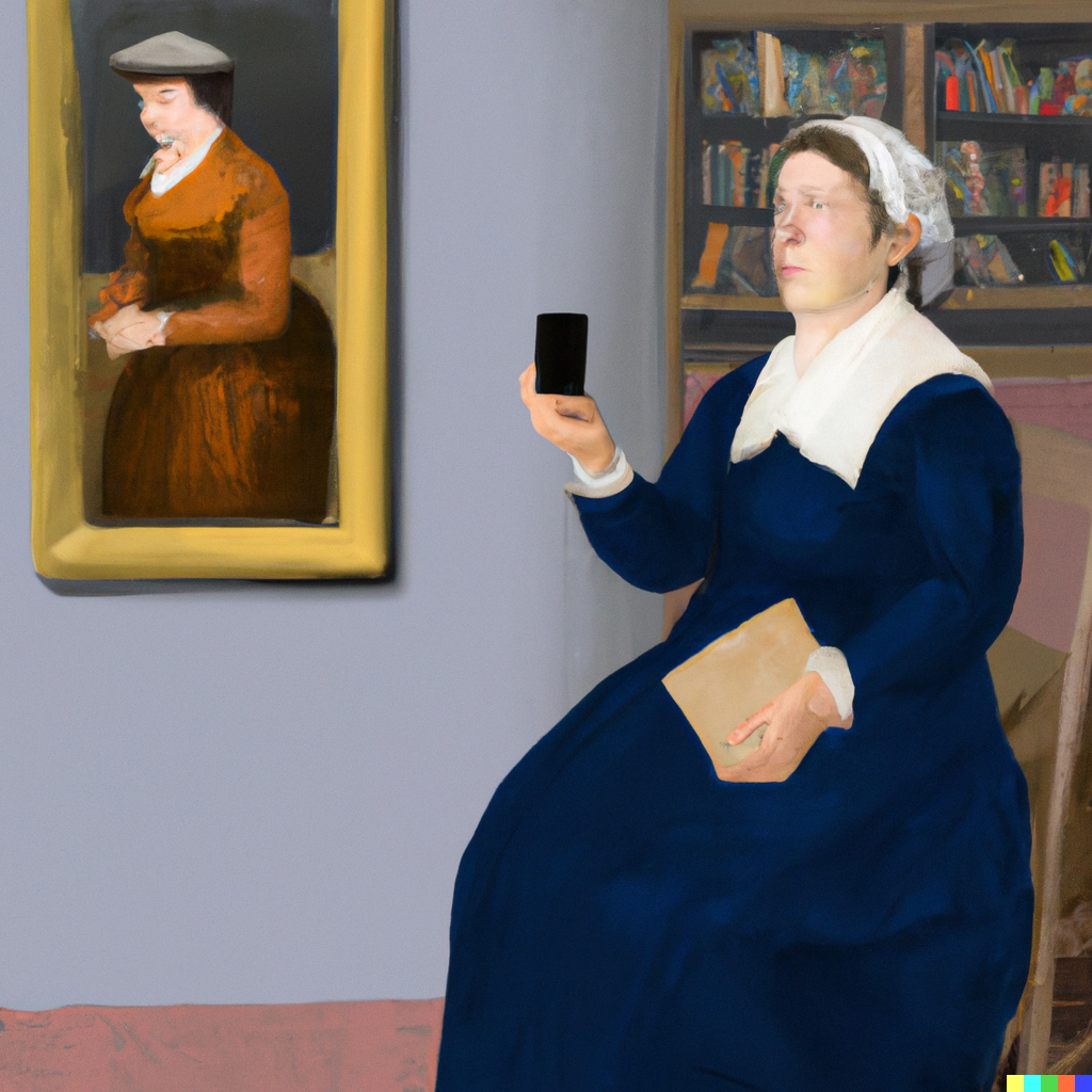 DALL·E 2023-01-10 02.31.31 - create a realistic version of Whistler's Mother masterpiece painting, but with the mother using a smartphone.png