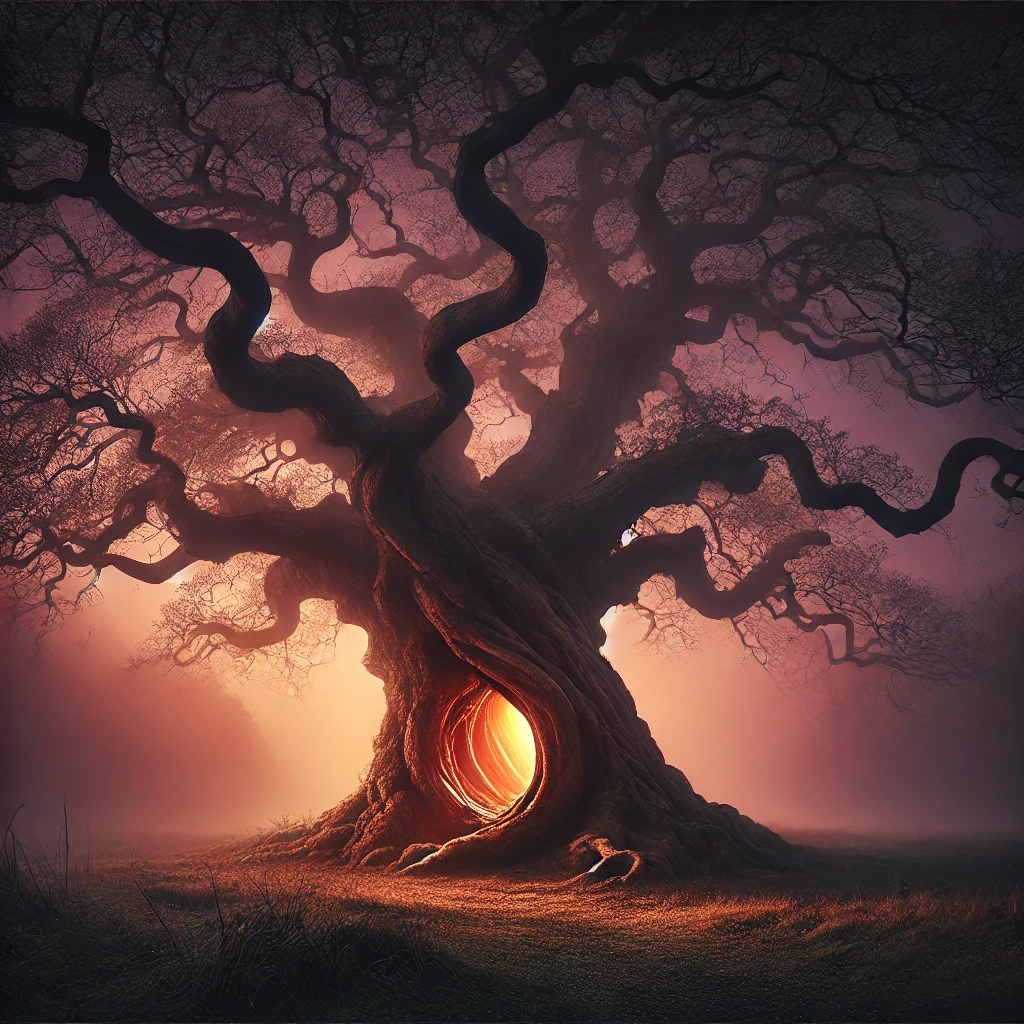 DALL·E 2025-01-31 12.00.29 - A dramatic depiction of an ancient, gnarled oak tree with twisting branches, its hollow base glowing faintly with mystery. The scene is set during twi.webp