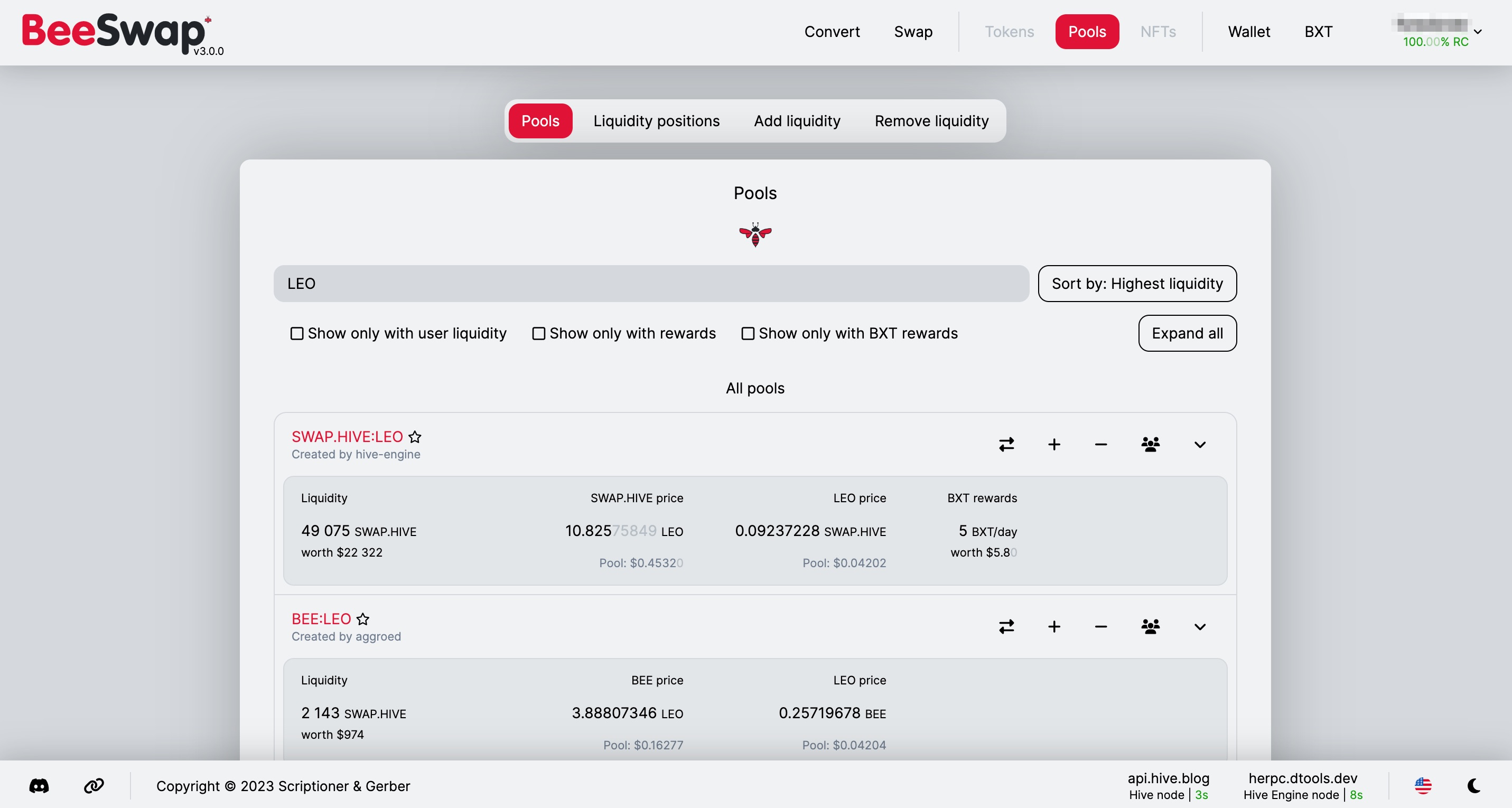 The BeeSwap pools interface showing the SWAP.HIVE LEO LP.