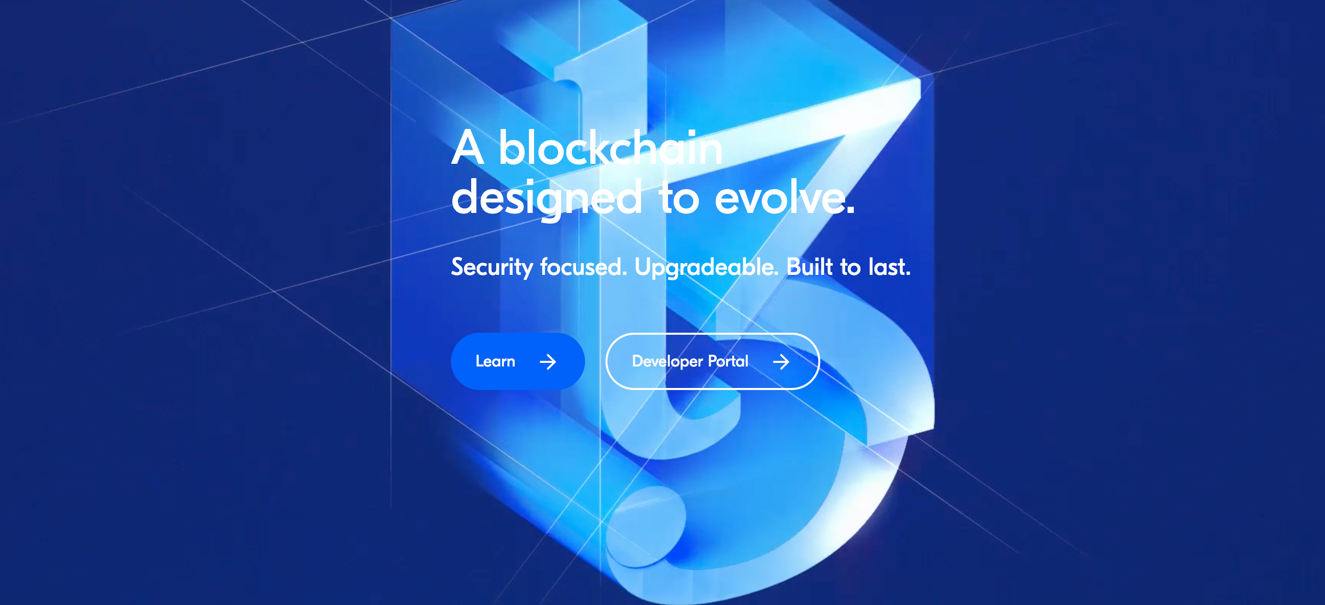 The main banner of the Tezos coin (XTZ)’s official website with the text security focused and built to last.