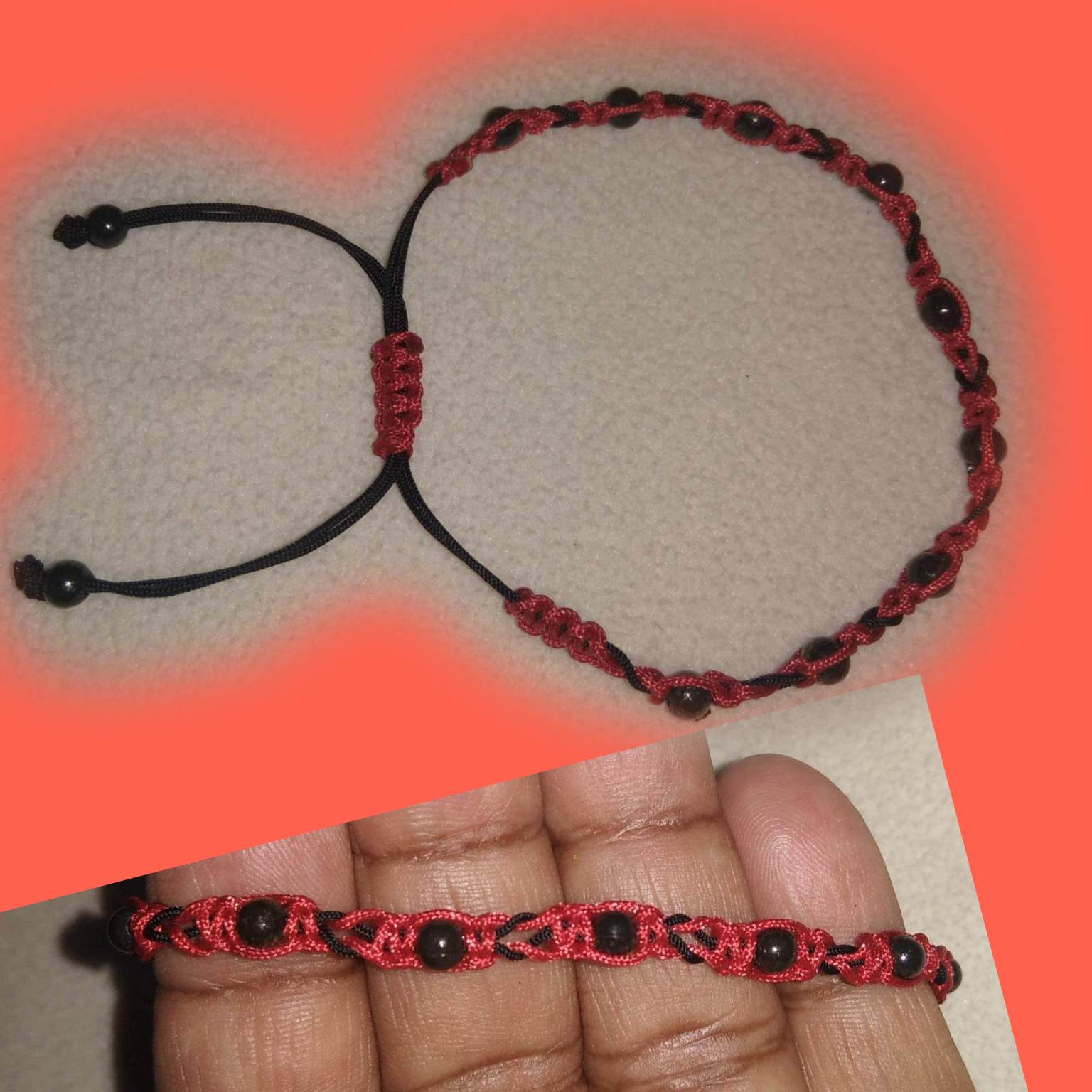 ESP/ENG: Intertwining the black and red Chinese thread in a delicate  bracelet, with some macrame knots.// Entrelazando el hilo chino negro y el  rojo en una delicada pulsera, con algunos nudos en