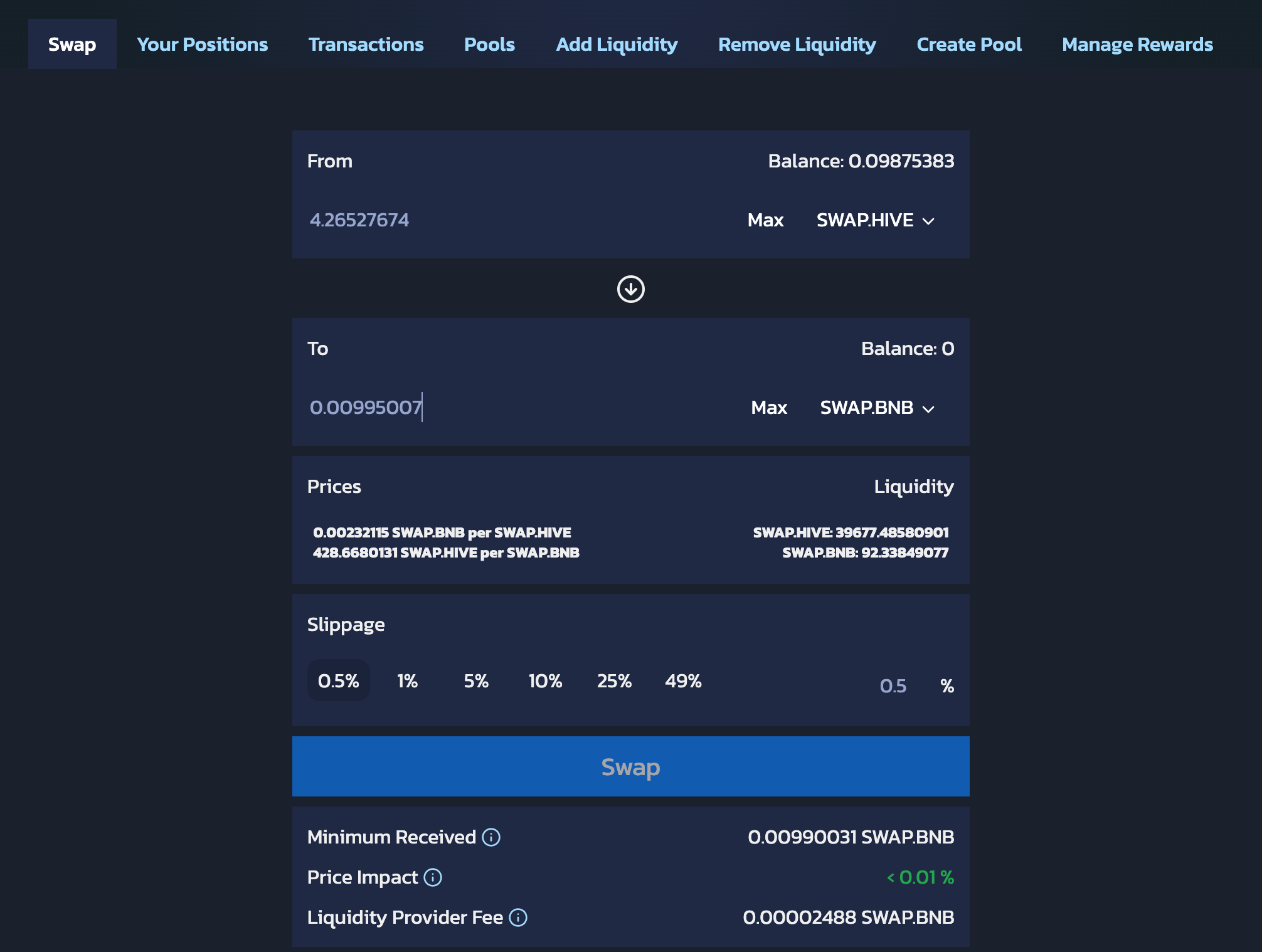 Swap your SWAP.HIVE for SWAP.BNB using Tribaldex.