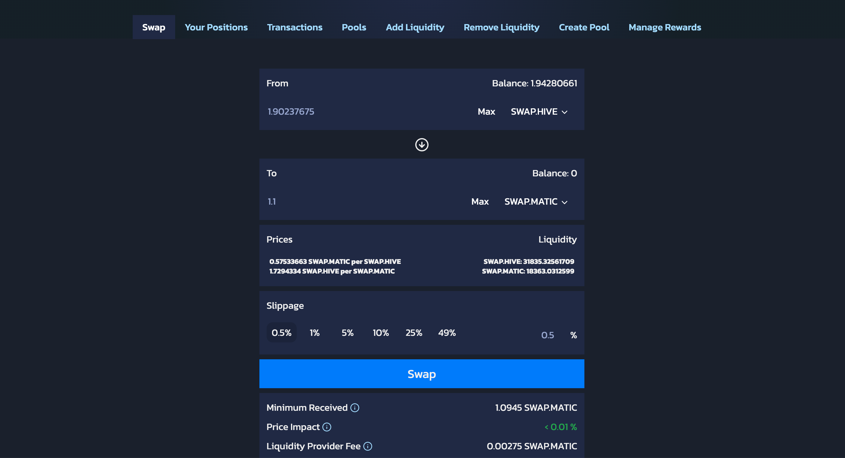 Swap your SWAP.HIVE for SWAP.MATIC using Tribaldex.