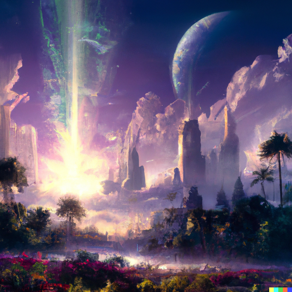 DALL·E 2022-08-26 10.30.52 - An albert bierstadt landscape painting of a synthwave city at sunrise, skyscrapers, futuristic, moon, palms, exotic flowers, clouds, rays of light, su.png