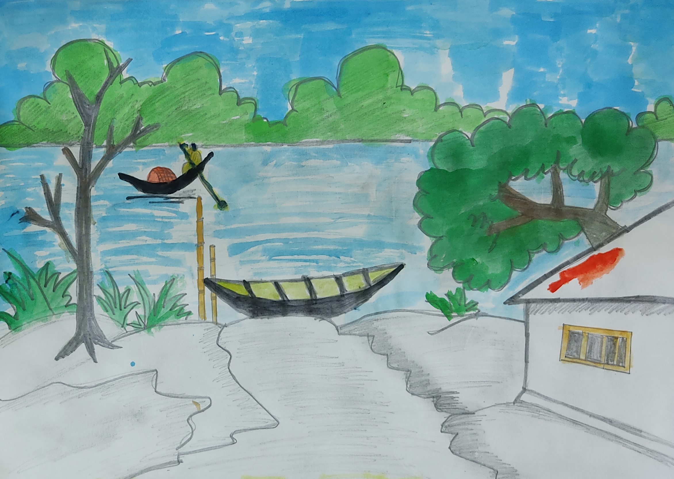 Child's Drawing With Colored Pencils Of Rural Landscape With Road And  Bridge Over River. Stock Photo, Picture and Royalty Free Image. Image  141656667.
