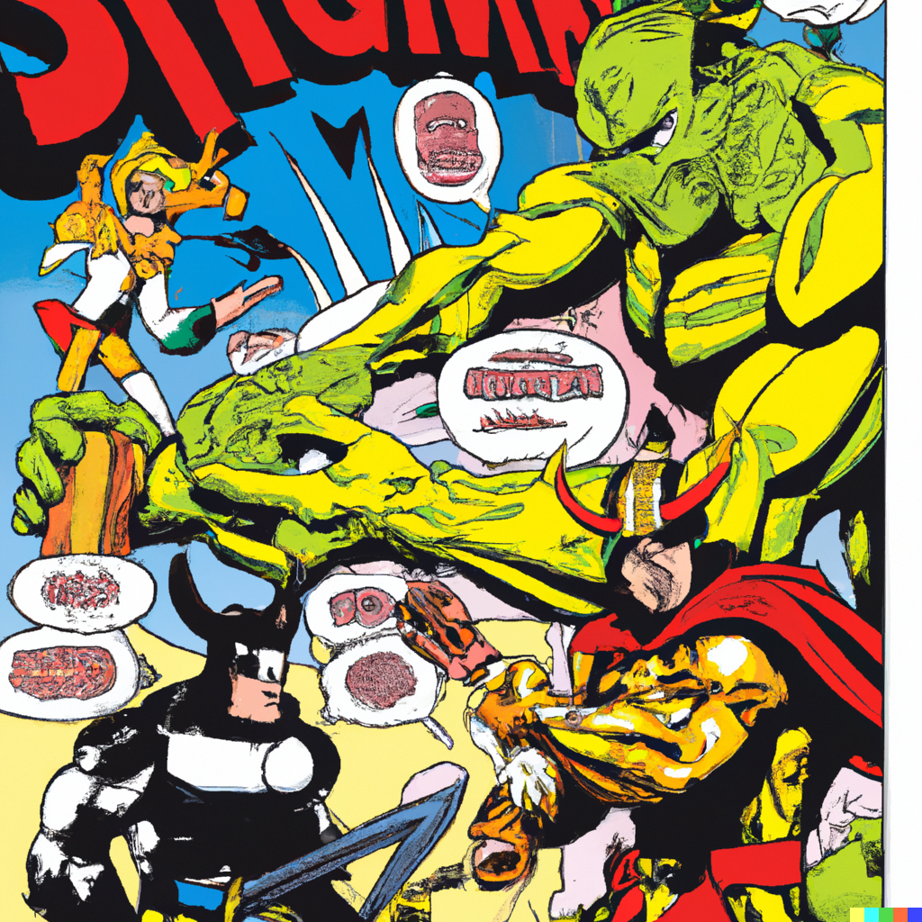 DALL·E 2023-02-23 21.58.49 - superhero magazine cover showing good aligator Loki and Mephisto defeting evil Thor and evil Spiderman.png