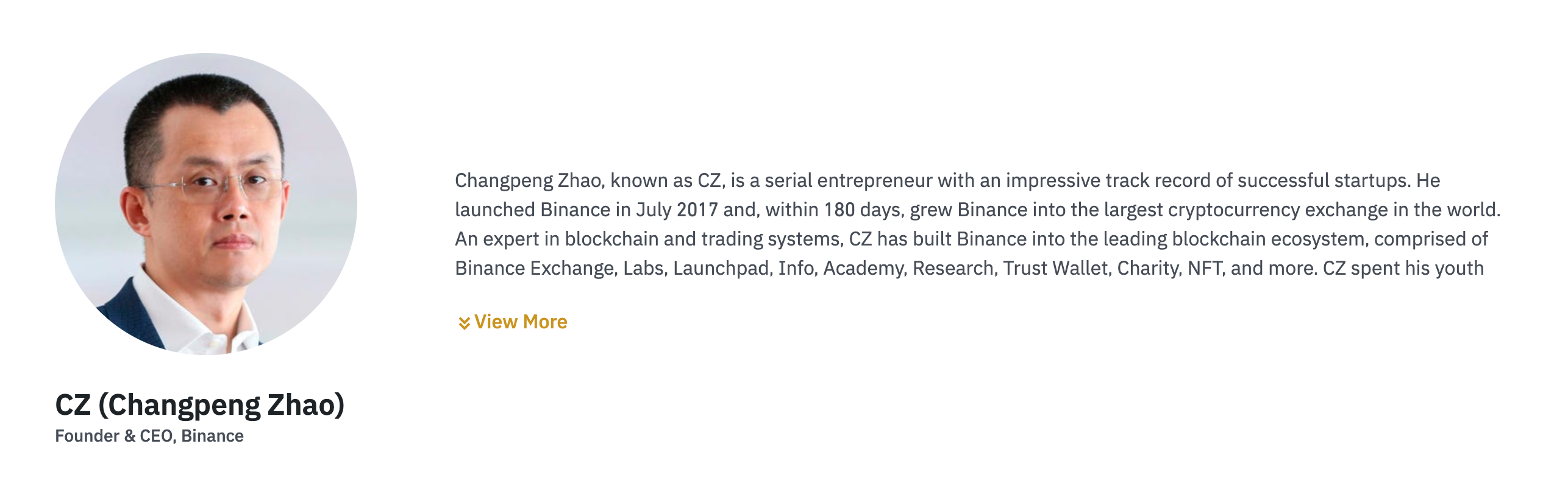 Screenshot of CZ, the man with sole authority over BNB Smart Chain, taken from the Binance website.