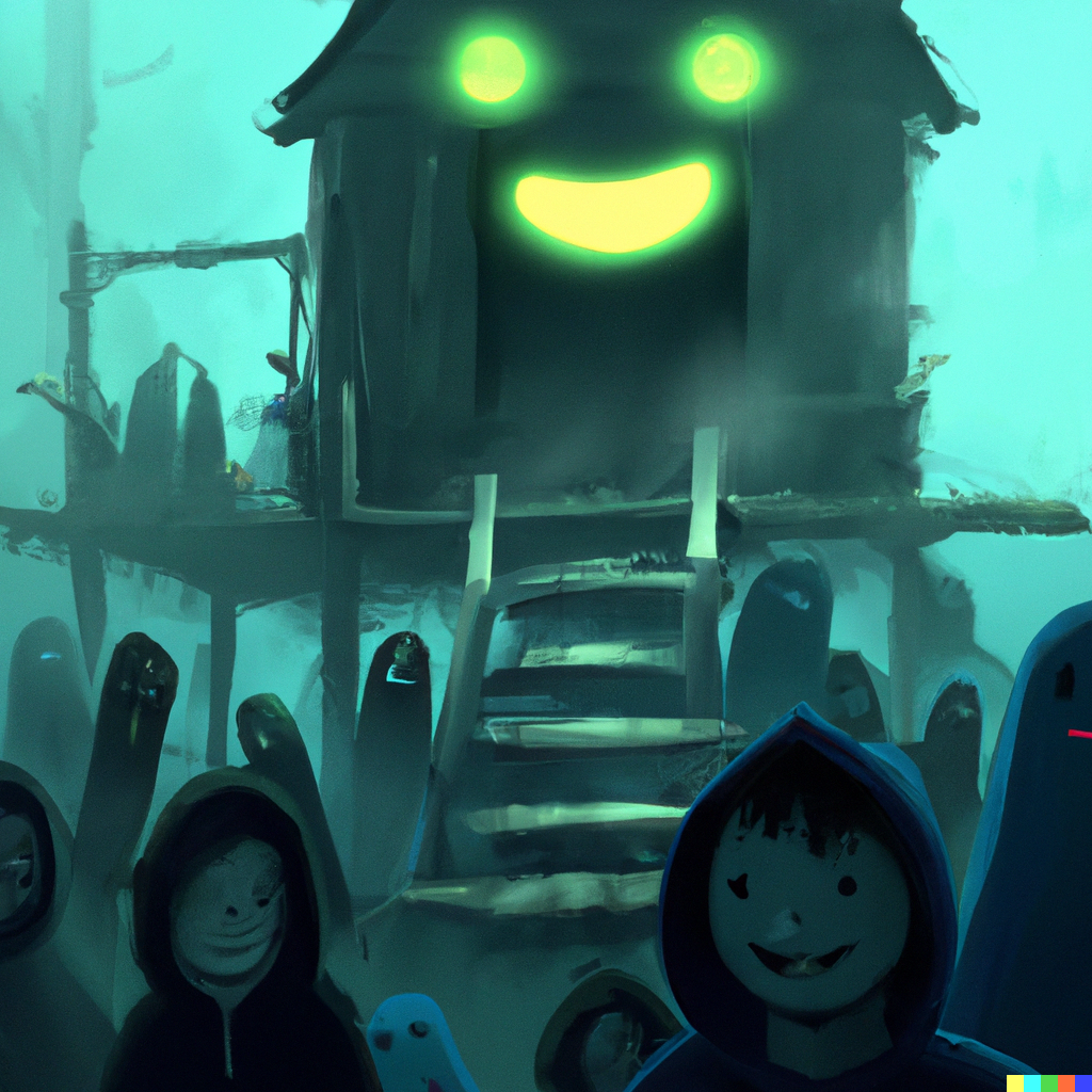 DALL·E 2022-07-30 17.06.50 - A smiley face in a dark mysterious village haunting a group of unsuspecting people, digital art .png