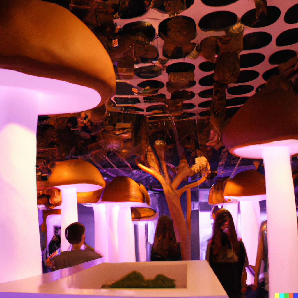 DALL·E 2022-11-21 11.13.22 - modern mushroom themed restaurant with realistic mushrooms all around and all patrons eating mushrooms.png
